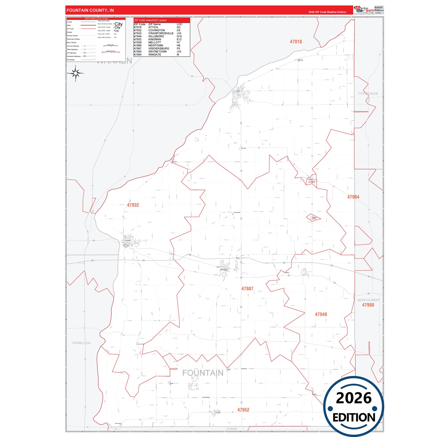Fountain County, IN Red Line 5 Digit ZIP Code Wall Map