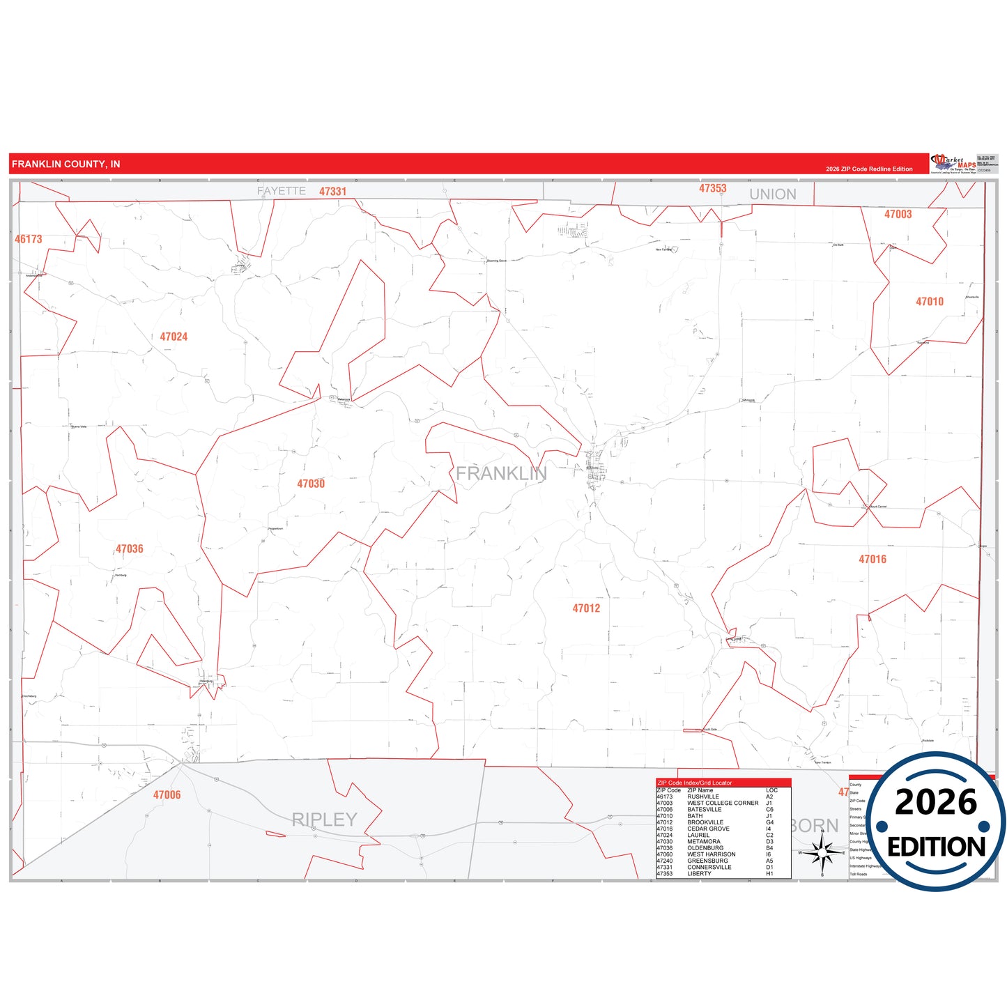 Franklin County, IN Red Line 5 Digit ZIP Code Wall Map