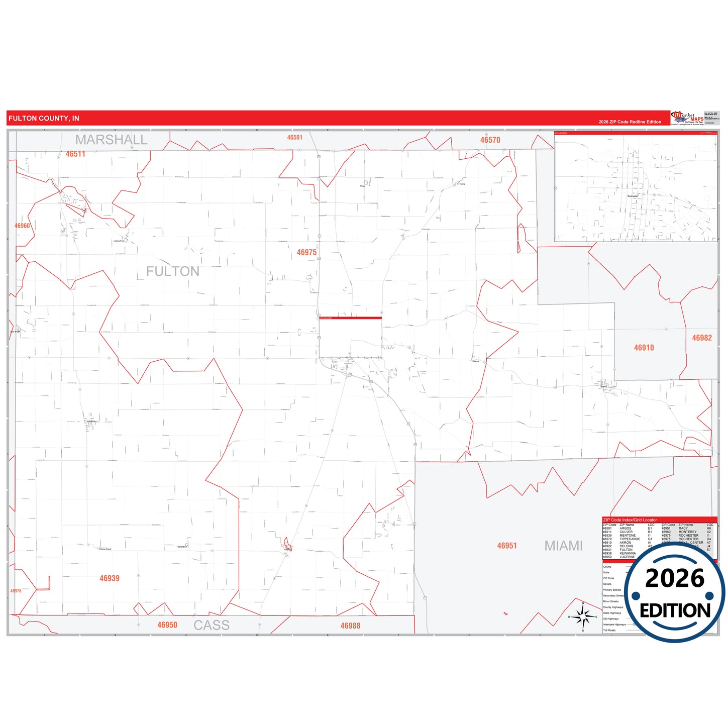 Fulton County, IN Red Line 5 Digit ZIP Code Wall Map