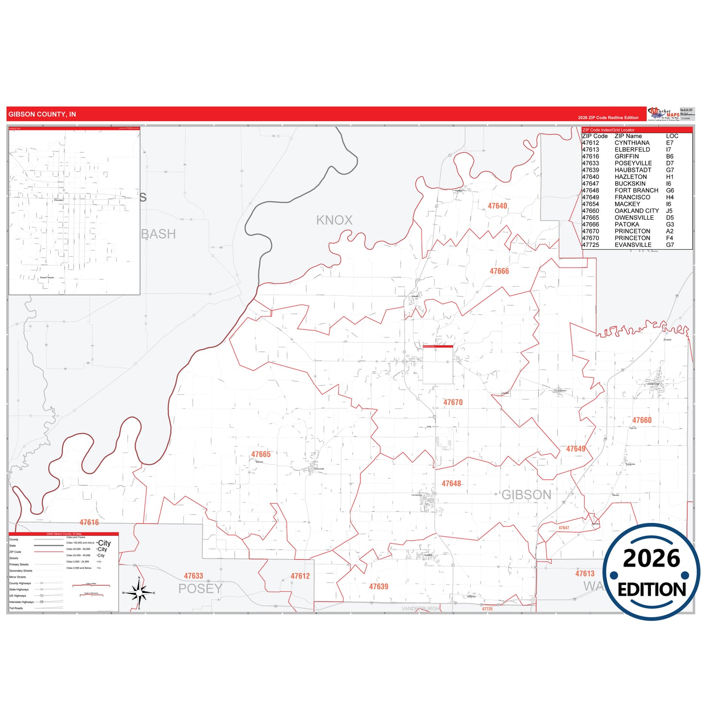 Gibson County, IN Red Line 5 Digit ZIP Code Wall Map