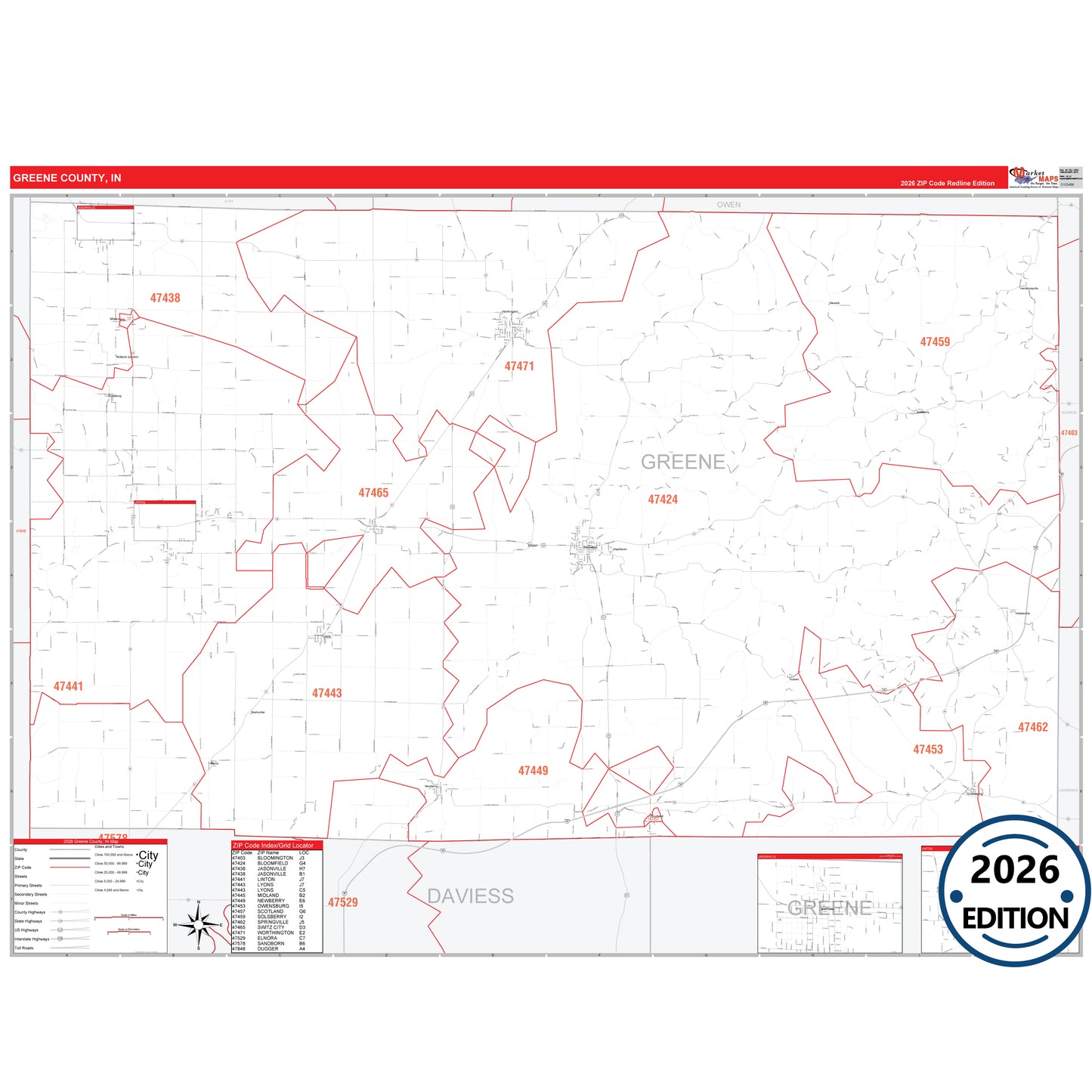 Greene County, IN Red Line 5 Digit ZIP Code Wall Map