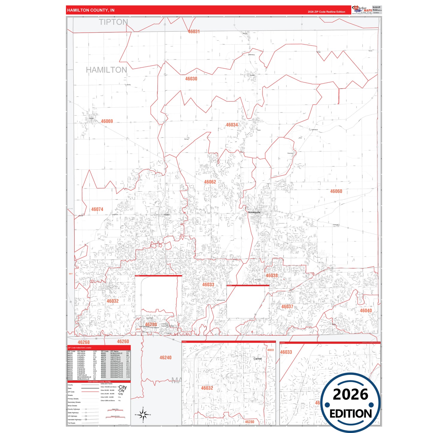 Hamilton County, IN Red Line 5 Digit ZIP Code Wall Map
