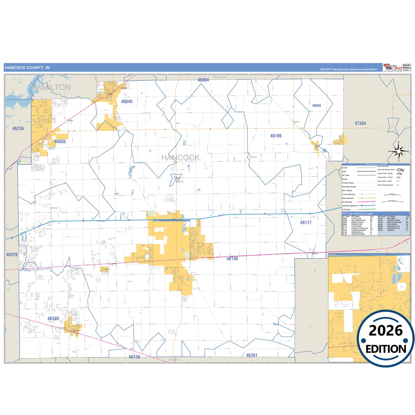 Hancock County, IN Business Reference 5 Digit ZIP Code Wall Map