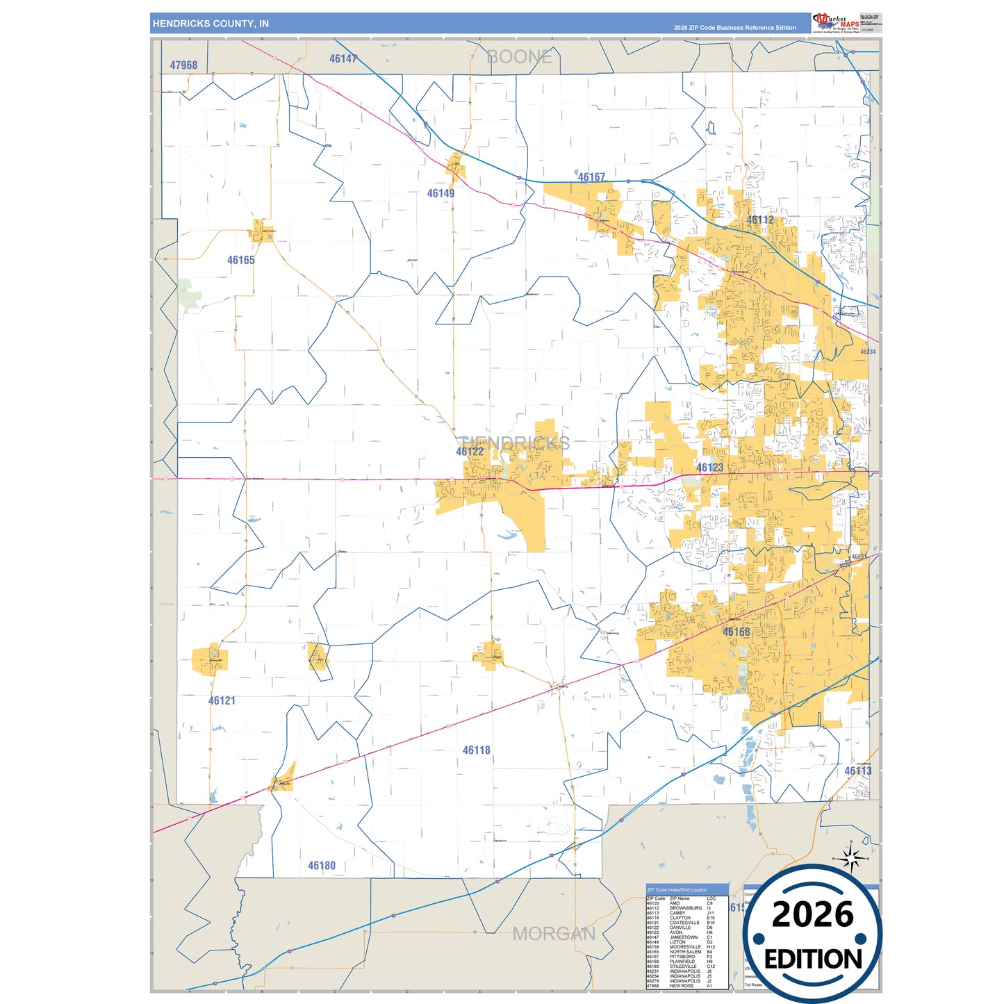 Hendricks County, IN Business Reference 5 Digit ZIP Code Wall Map