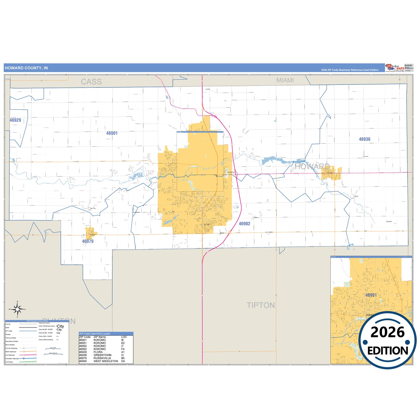 Howard County, IN Business Reference 5 Digit ZIP Code Wall Map