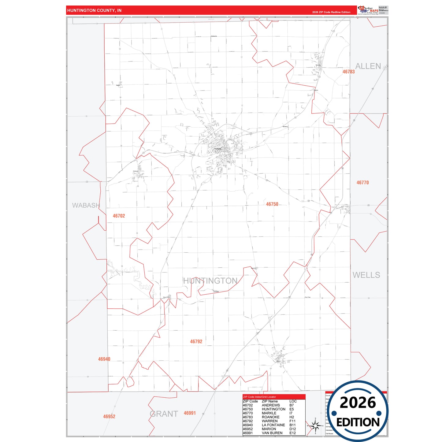 Huntington County, IN Red Line 5 Digit ZIP Code Wall Map