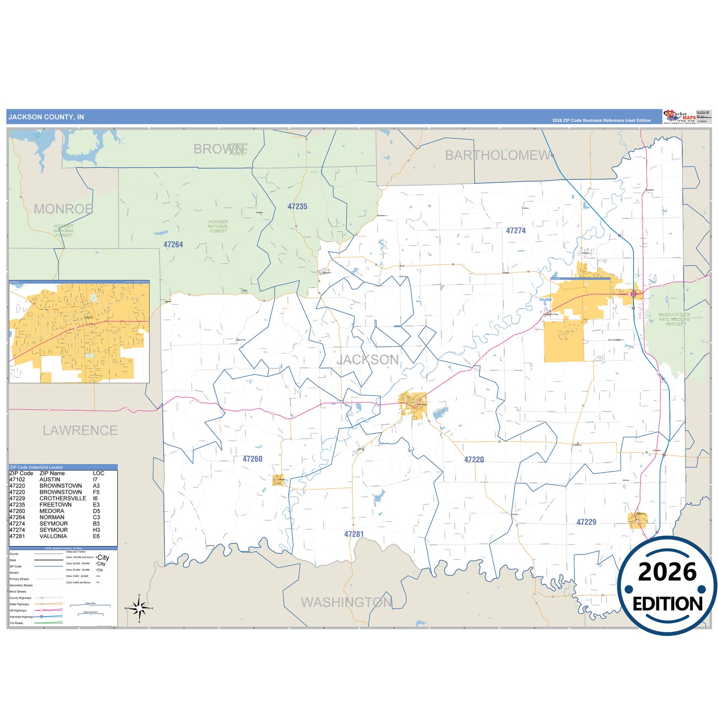Jackson County, IN Business Reference map with detailed roads, cities, and ZIP code boundaries.