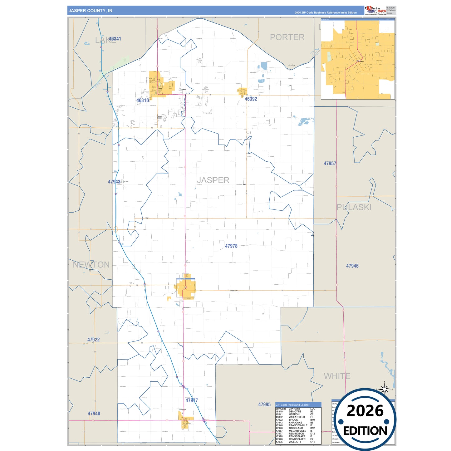 Jasper County, IN Business Reference 5 Digit ZIP Code Wall Map