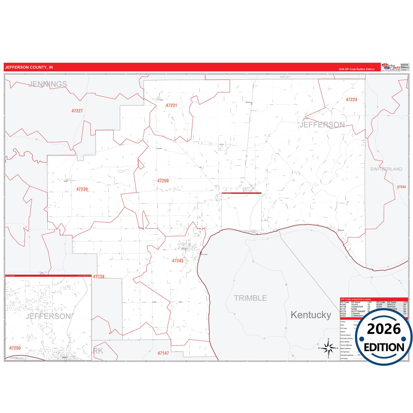 Jefferson County, IN Red Line 5 Digit ZIP Code Wall Map
