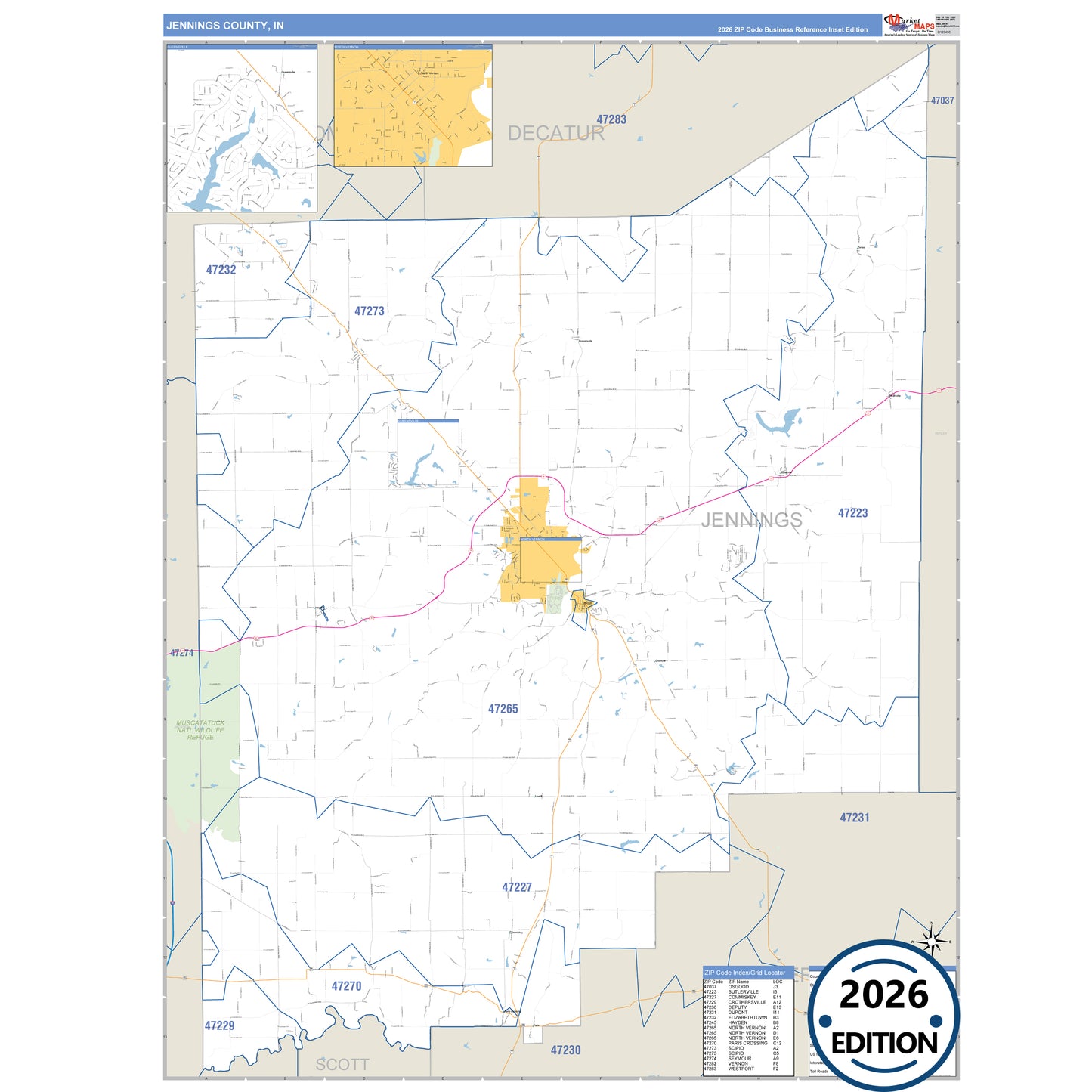 Jennings County, IN Business Reference 5 Digit ZIP Code Wall Map