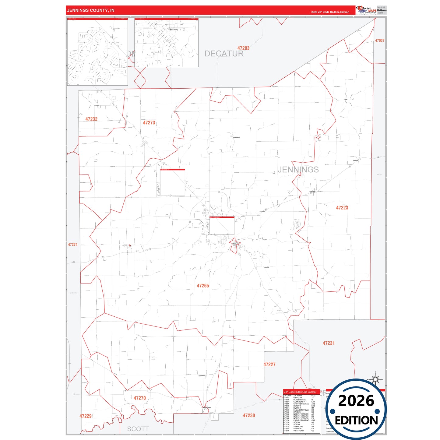 Jennings County, IN Red Line 5 Digit ZIP Code Wall Map