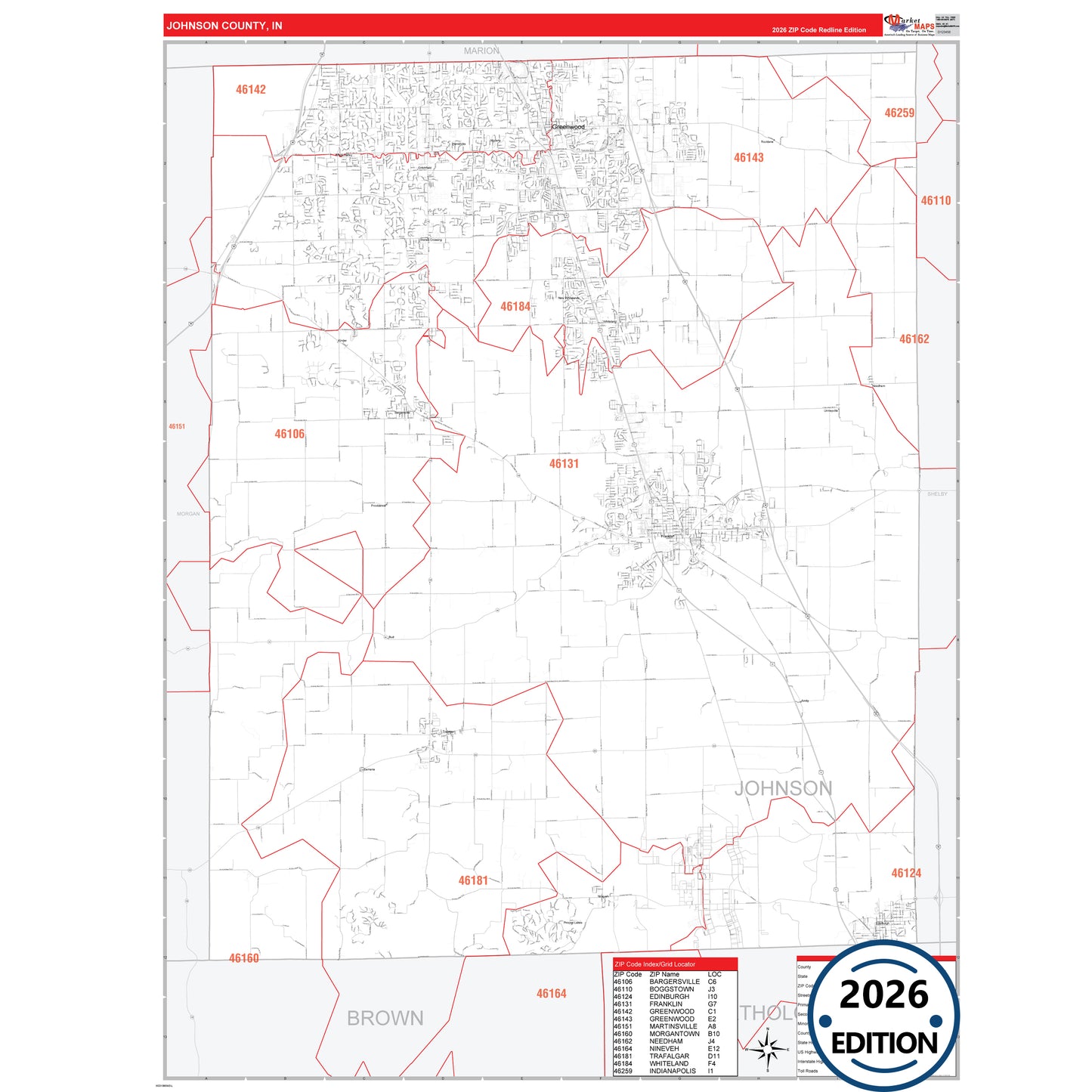 Johnson County, IN Red Line 5 Digit ZIP Code Wall Map