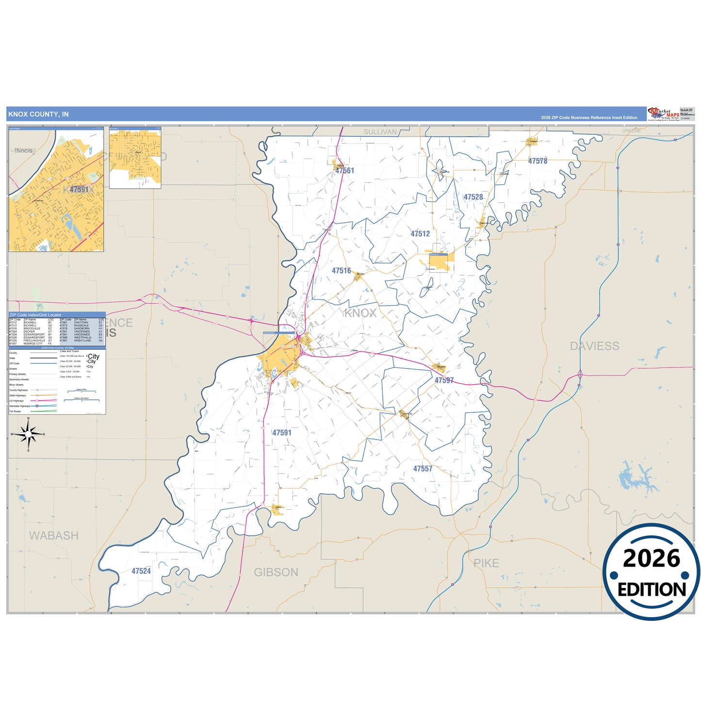 Knox County, IN Business Reference 5 Digit ZIP Code Wall Map