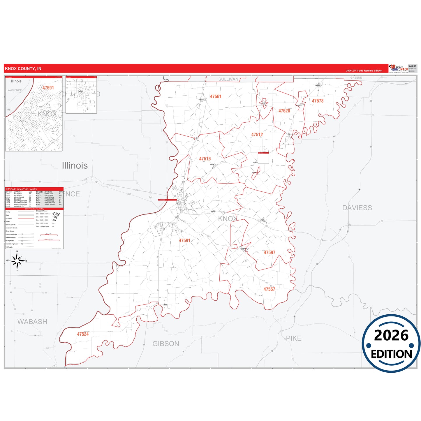 Knox County, IN Red Line 5 Digit ZIP Code Wall Map
