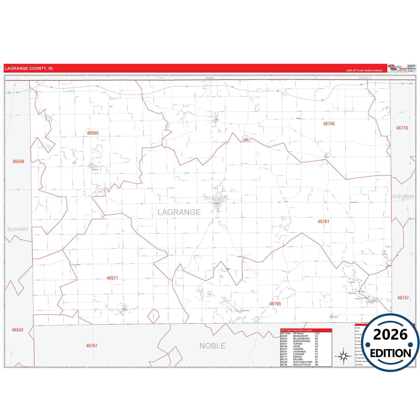 La Porte County, IN Red Line 5 Digit ZIP Code Wall Map