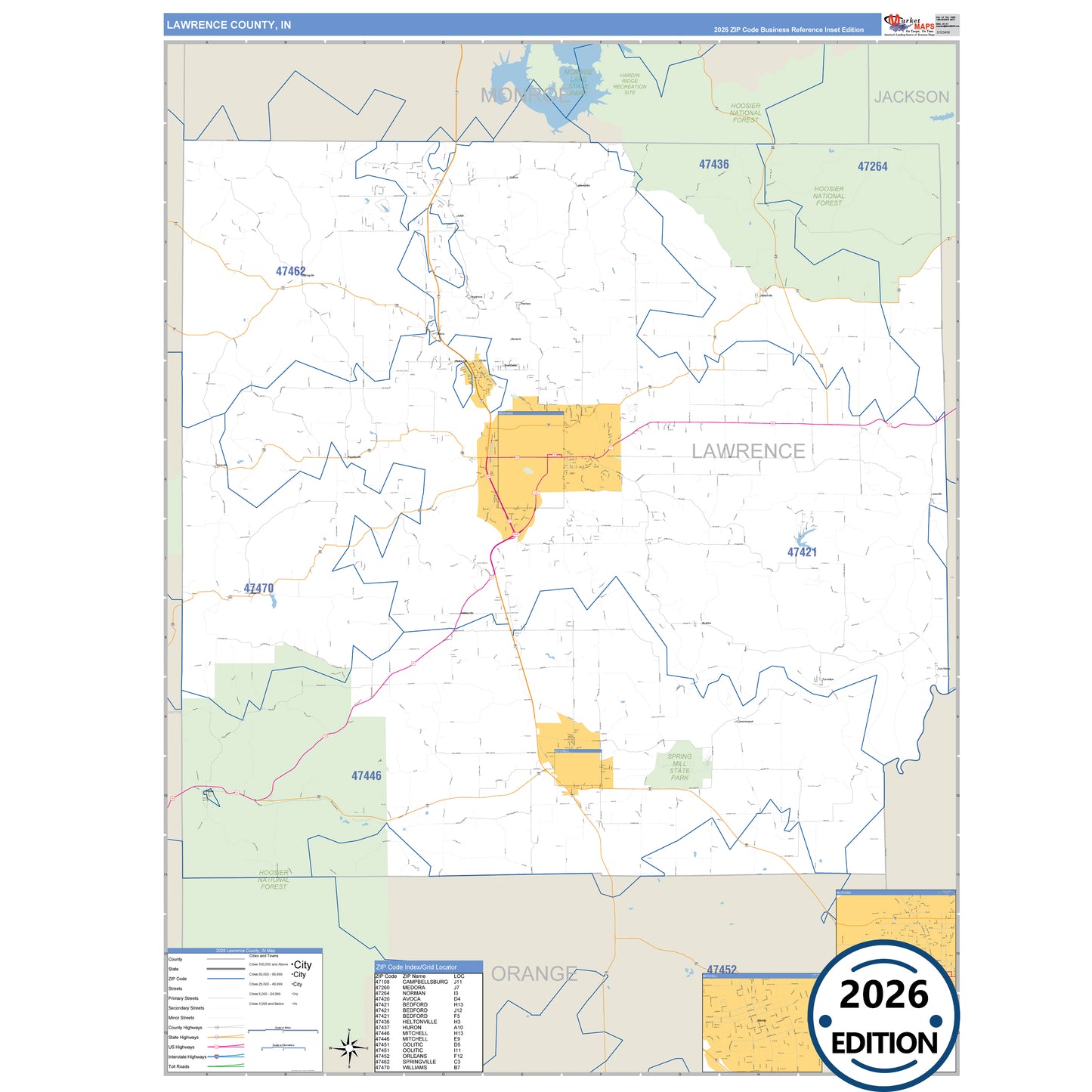 Lawrence County, IN Business Reference 5 Digit ZIP Code Wall Map