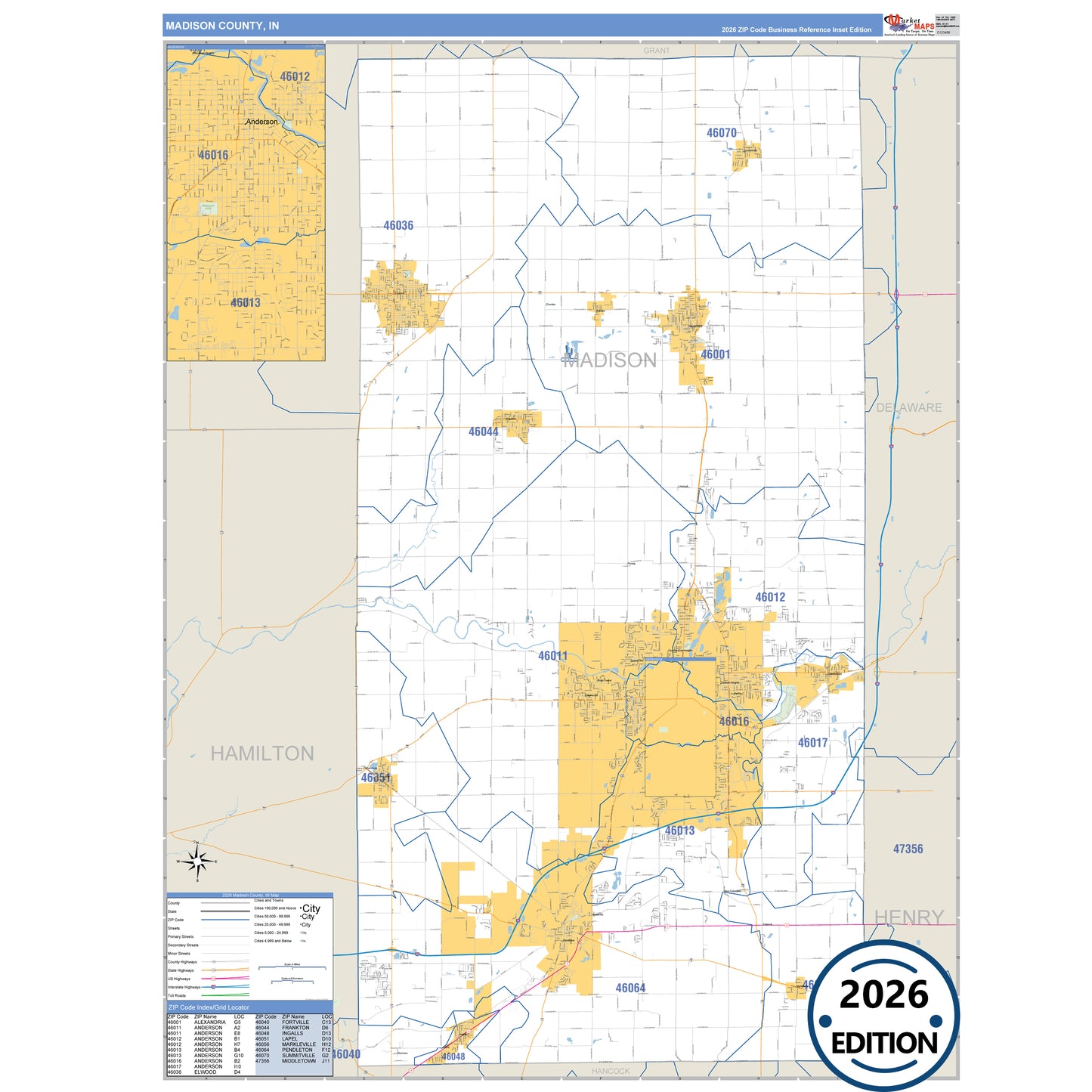 Madison County, IN Business Reference 5 Digit ZIP Code Wall Map
