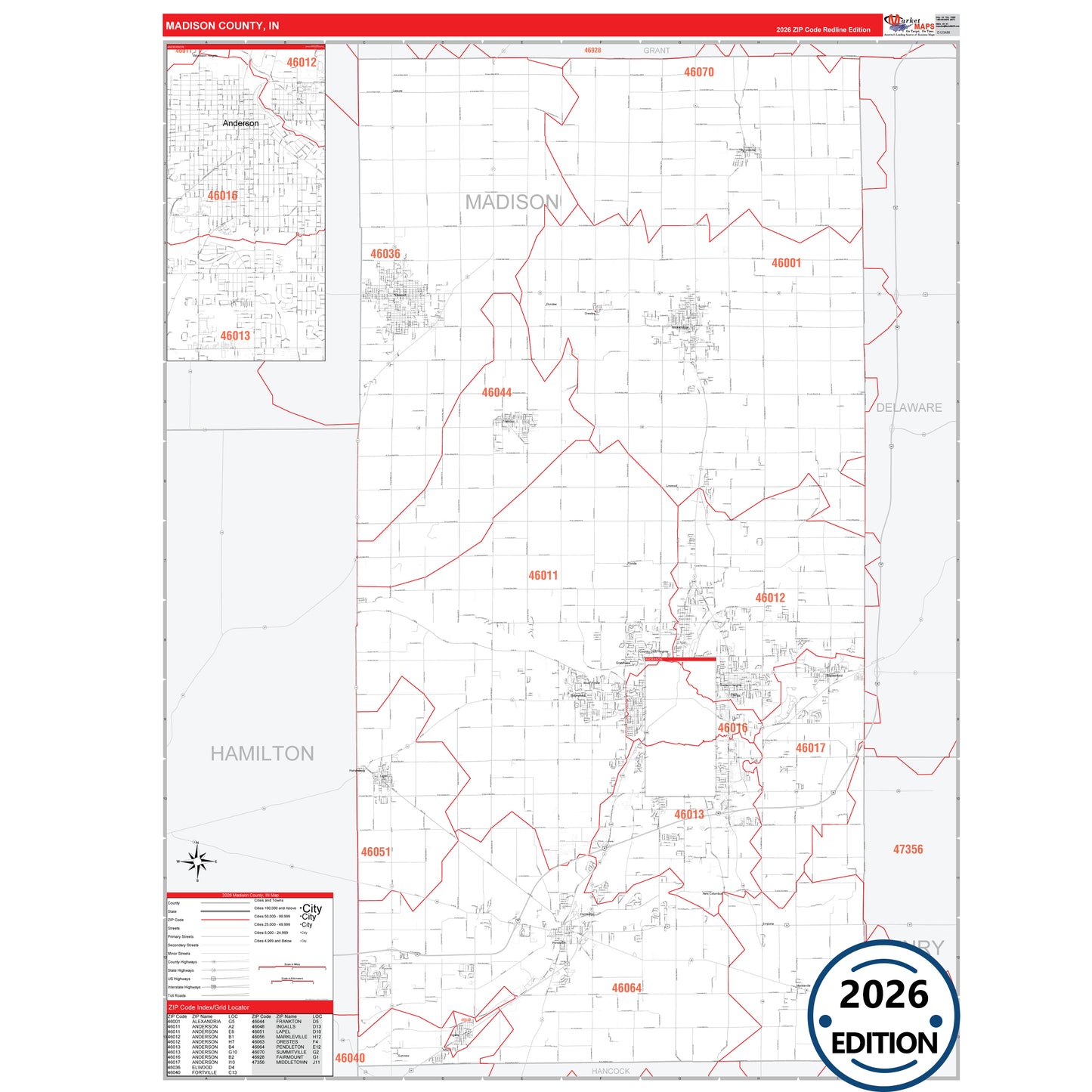 Madison County, IN Red Line 5 Digit ZIP Code Wall Map