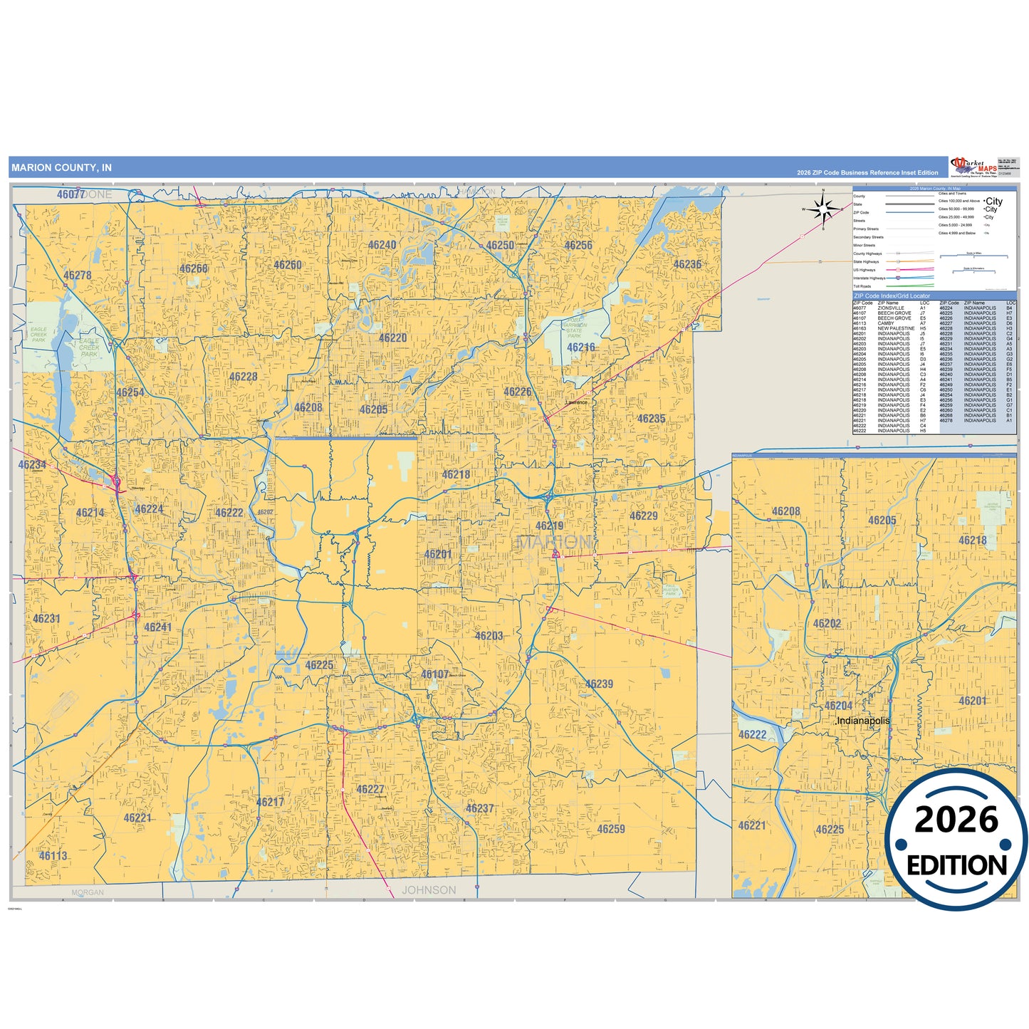 Marion County, IN Business Reference map with detailed roads, cities, and ZIP code boundaries.