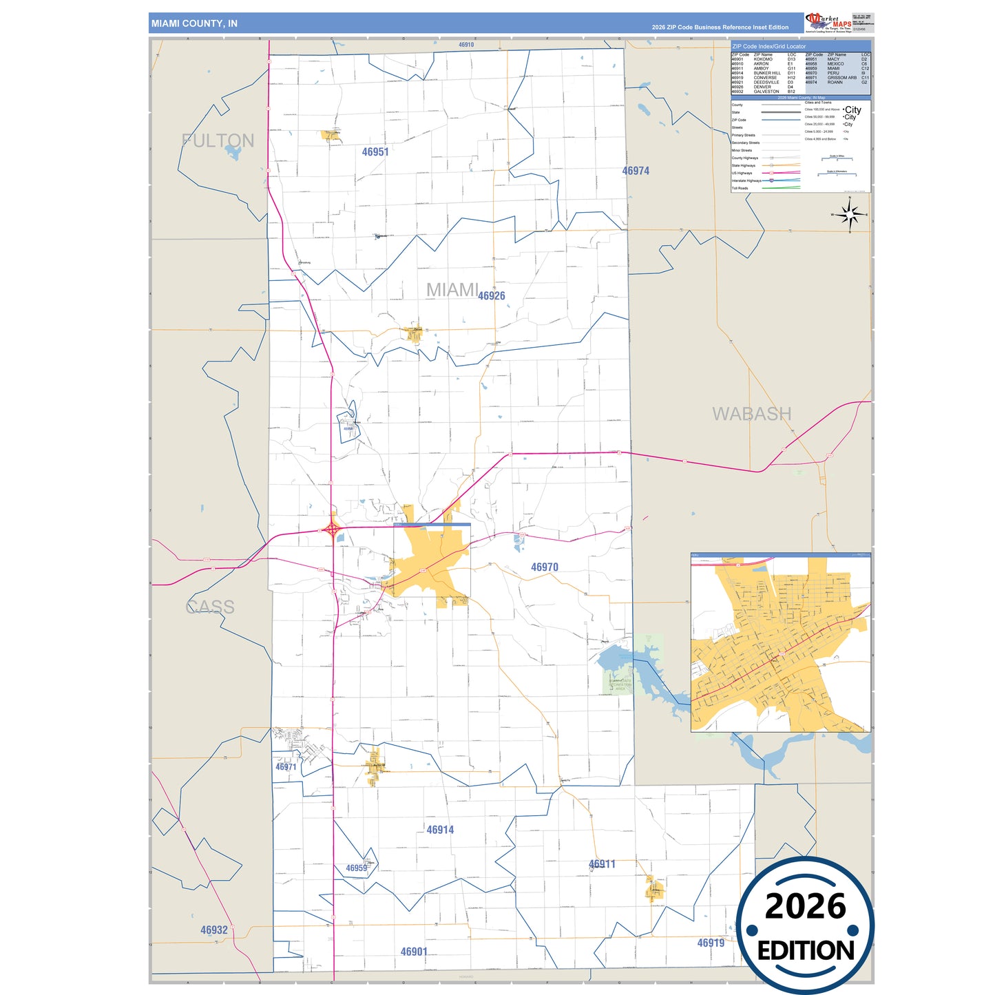 Miami County, IN Business Reference 5 Digit ZIP Code Wall Map