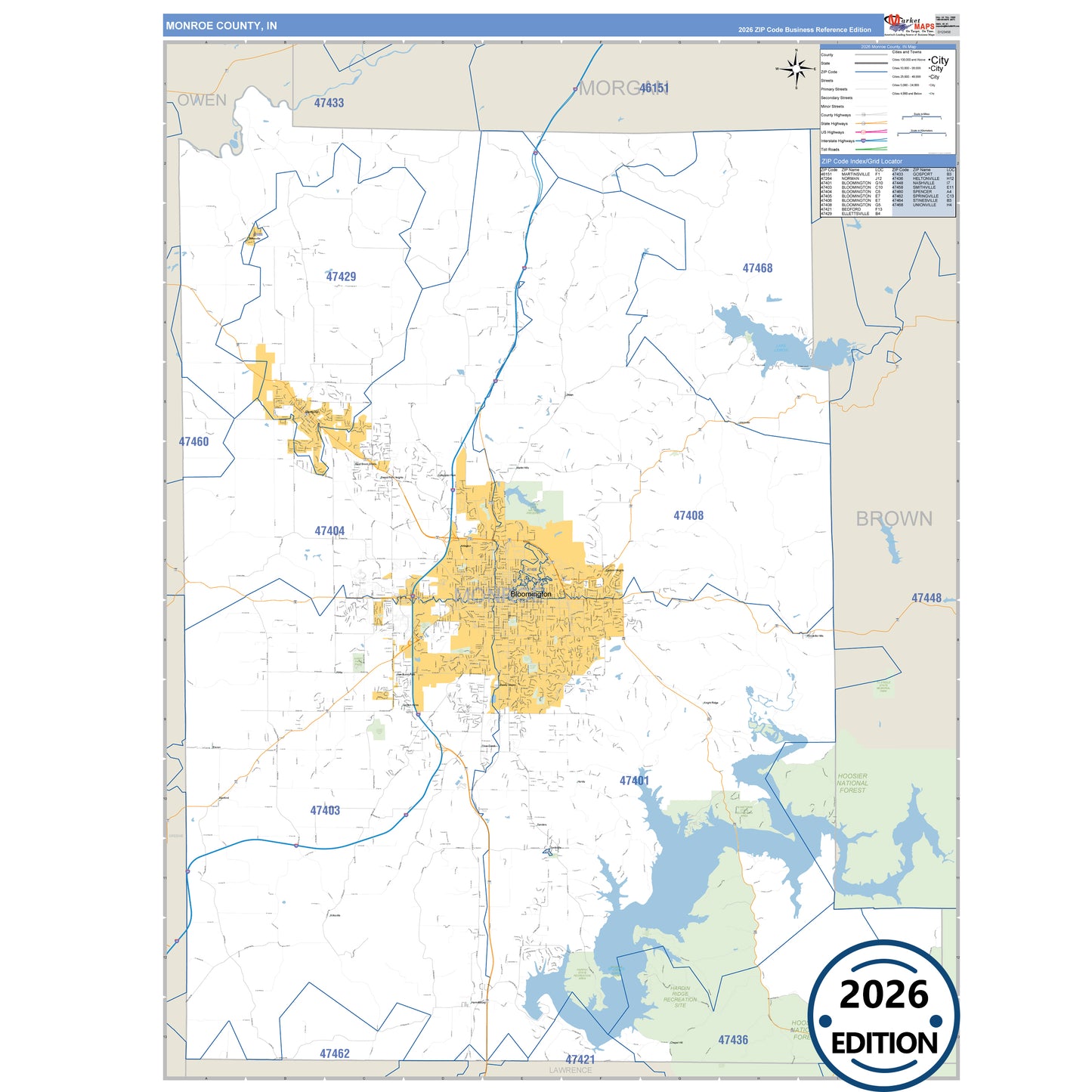 Monroe County, IN Business Reference 5 Digit ZIP Code Wall Map