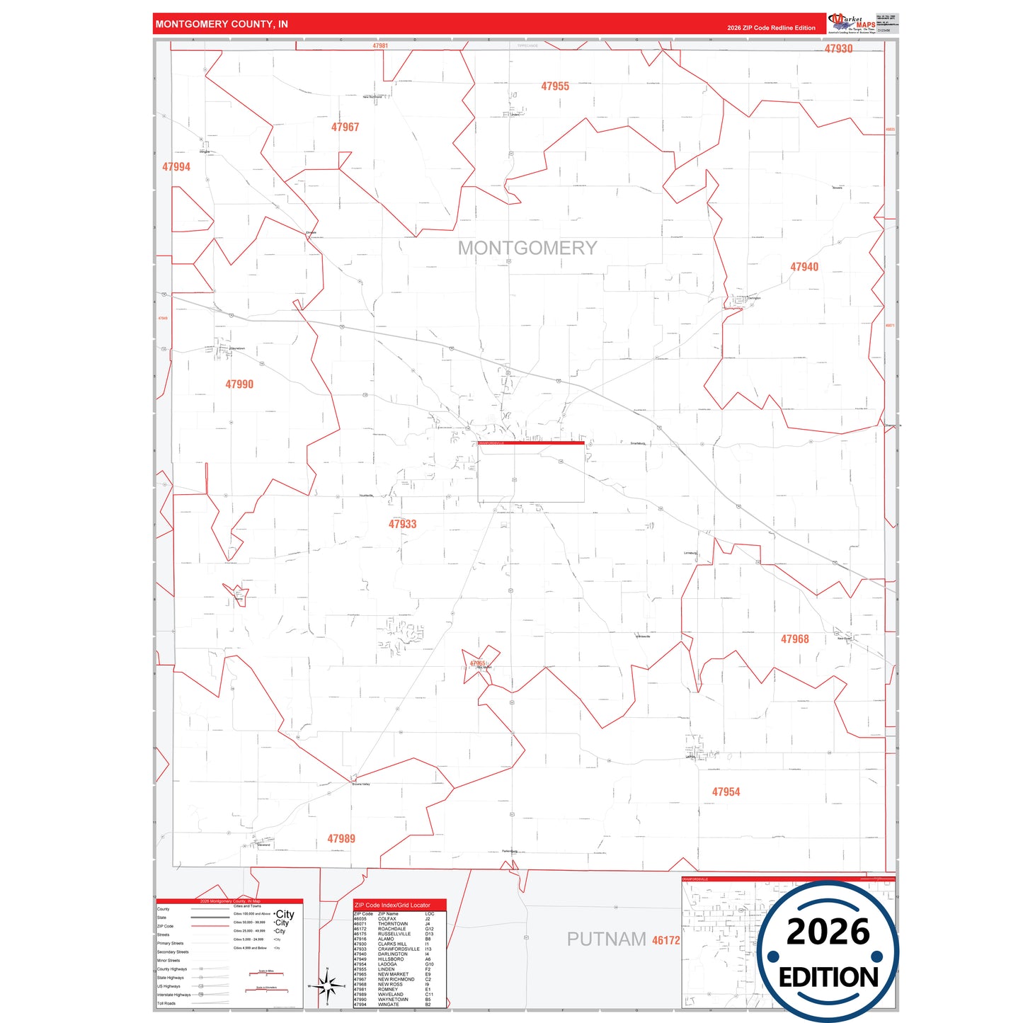 Montgomery County, IN Red Line 5 Digit ZIP Code Wall Map