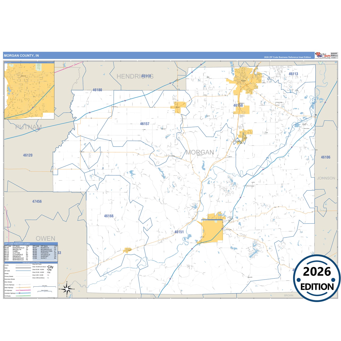 Morgan County, IN Business Reference 5 Digit ZIP Code Wall Map