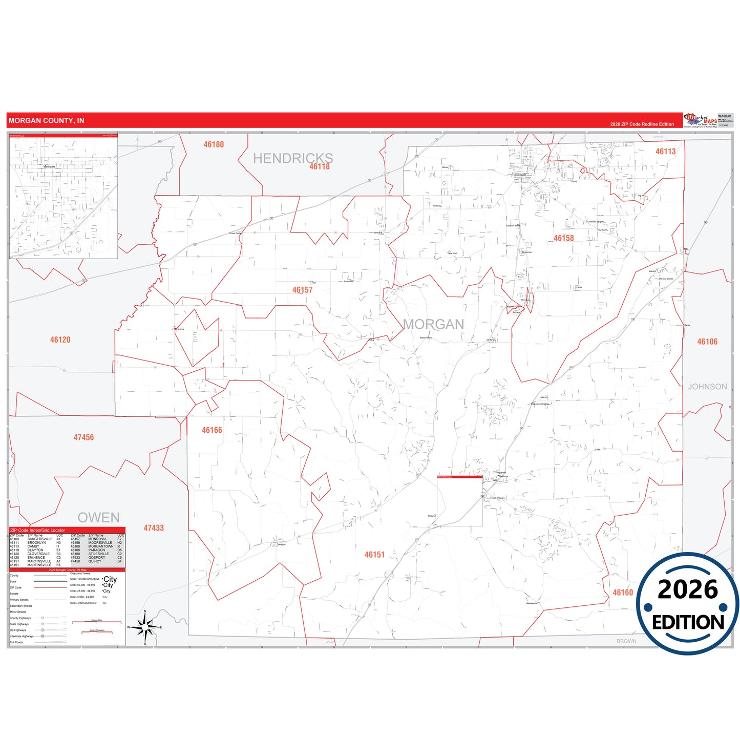 Morgan County, IN Red Line 5 Digit ZIP Code Wall Map