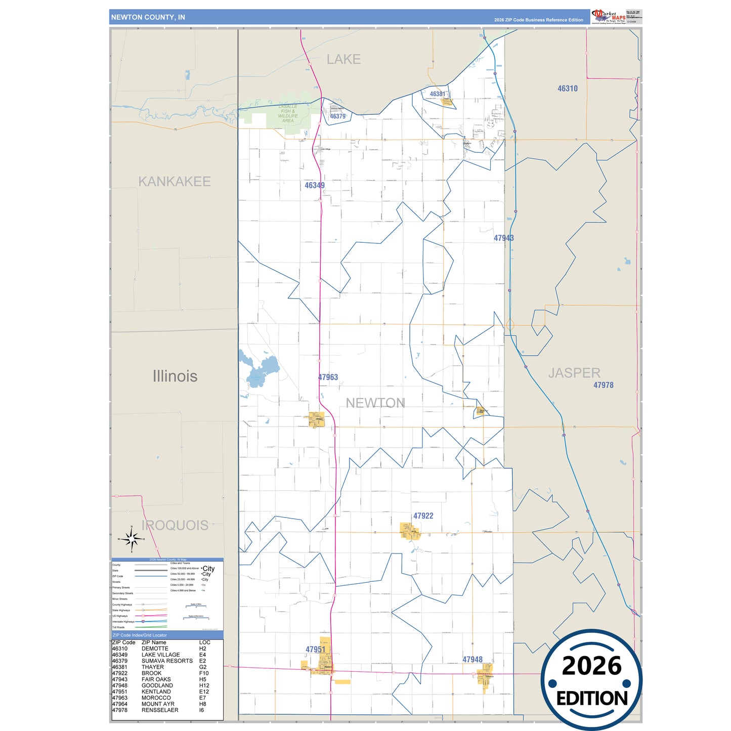 Newton County, IN Business Reference map with detailed roads, cities, and ZIP code boundaries.