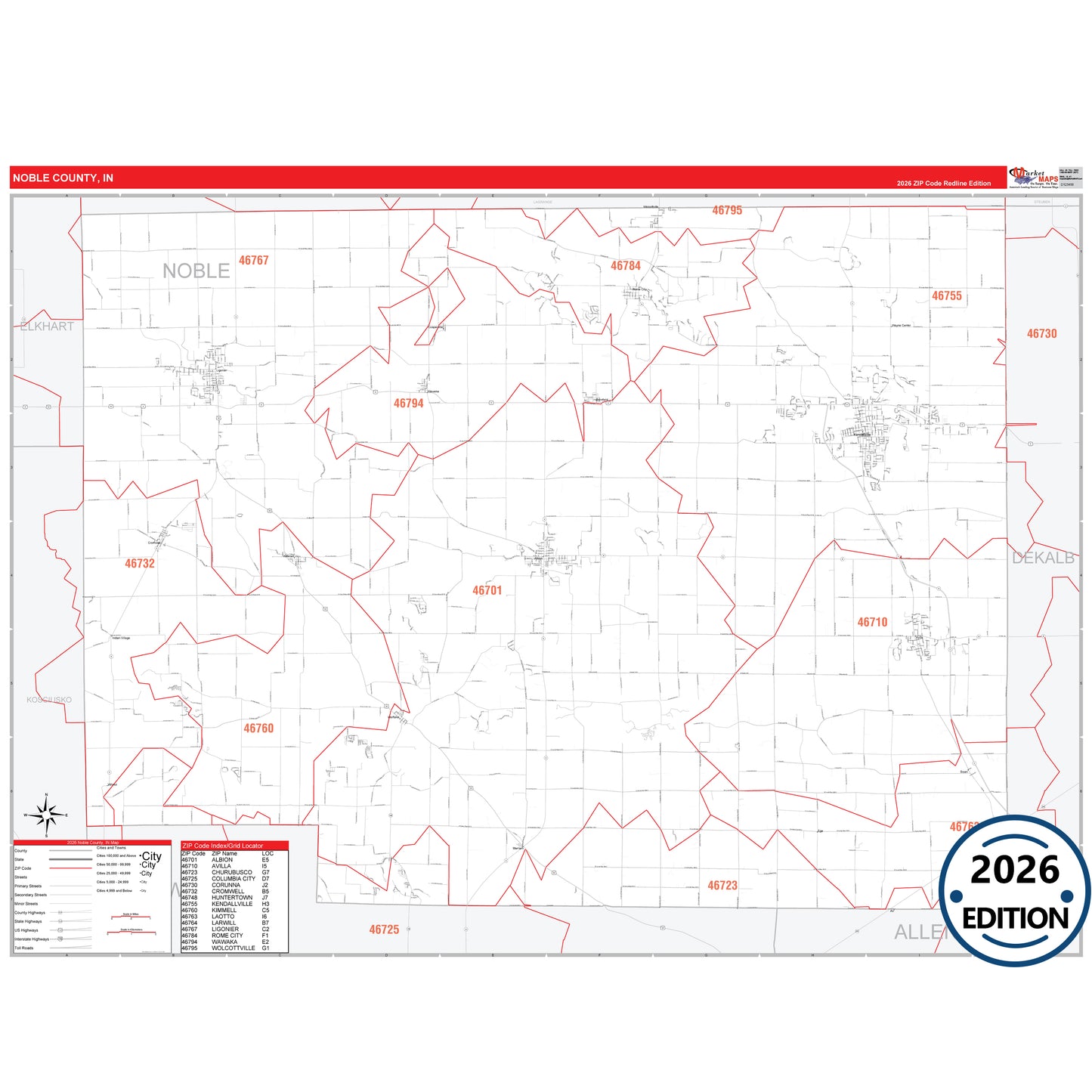 Noble County, IN Red Line 5 Digit ZIP Code Wall Map