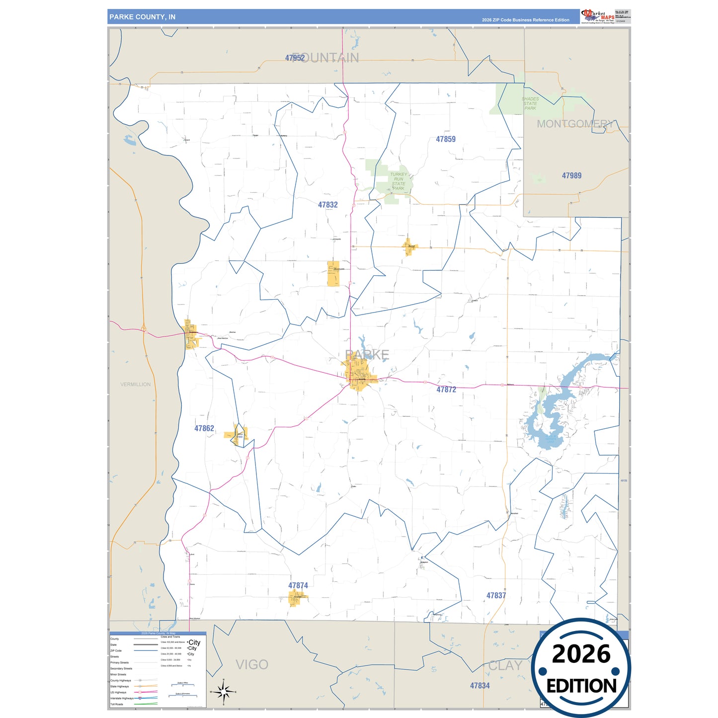Parke County, IN Business Reference 5 Digit ZIP Code Wall Map