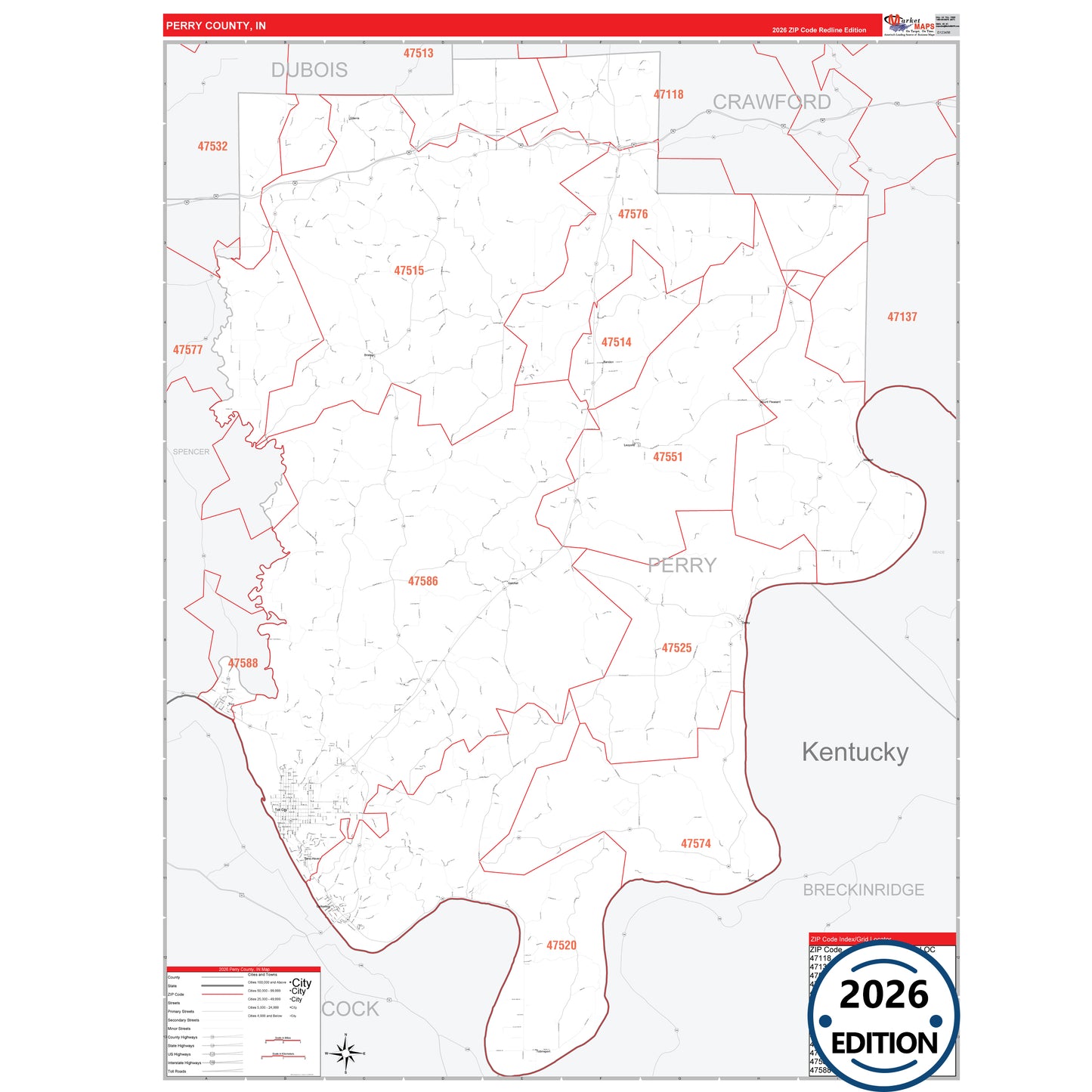 Perry County, IN Red Line 5 Digit ZIP Code Wall Map