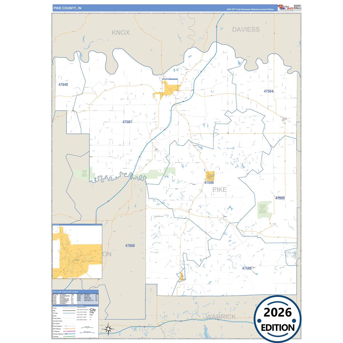 Pike County, IN Business Reference 5 Digit ZIP Code Wall Map