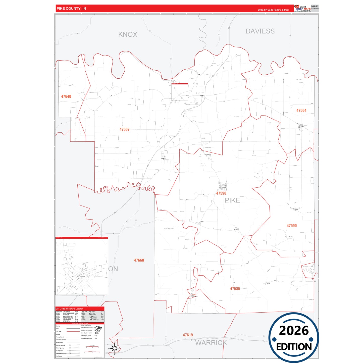 Pike County, IN Red Line 5 Digit ZIP Code Wall Map