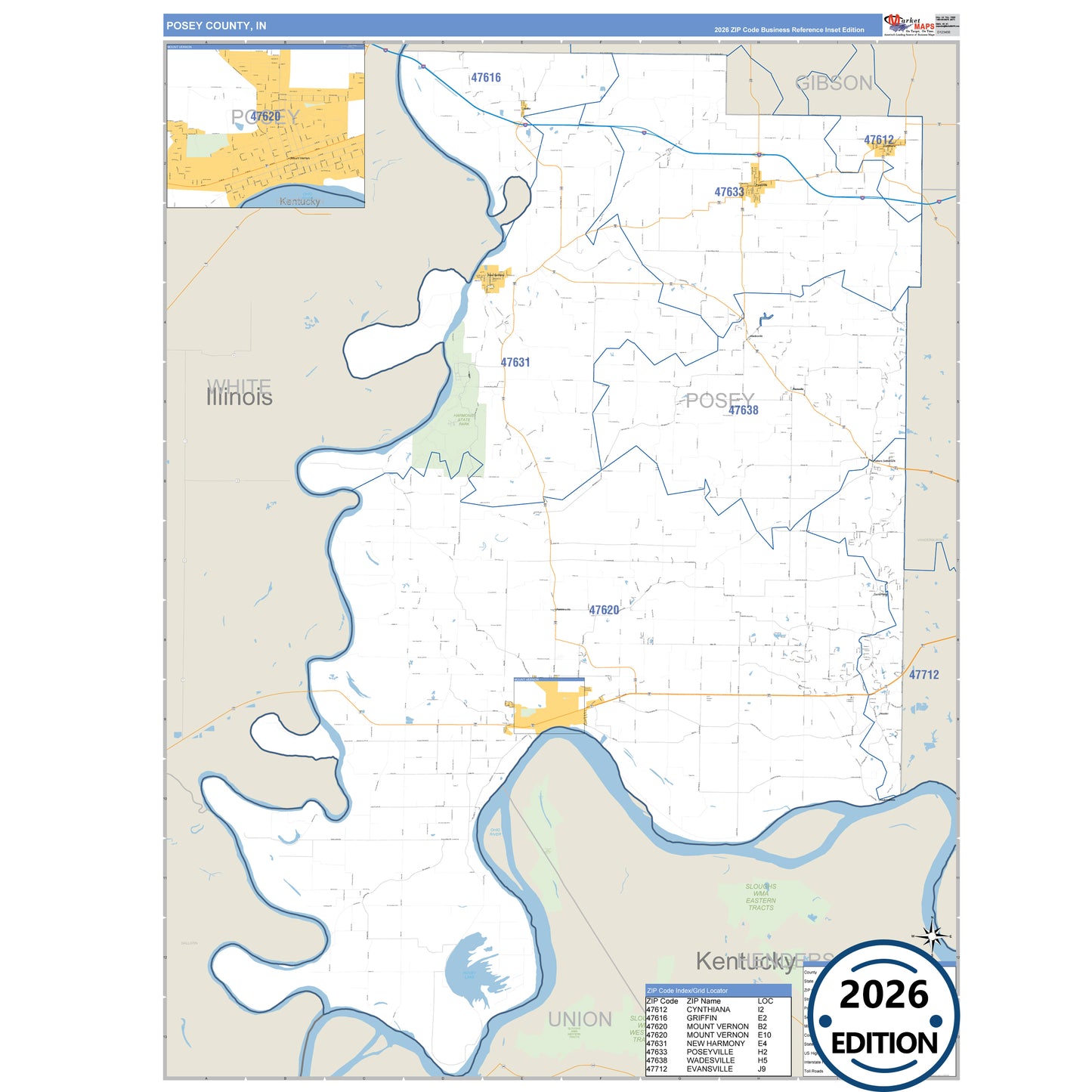Posey County, IN Business Reference 5 Digit ZIP Code Wall Map