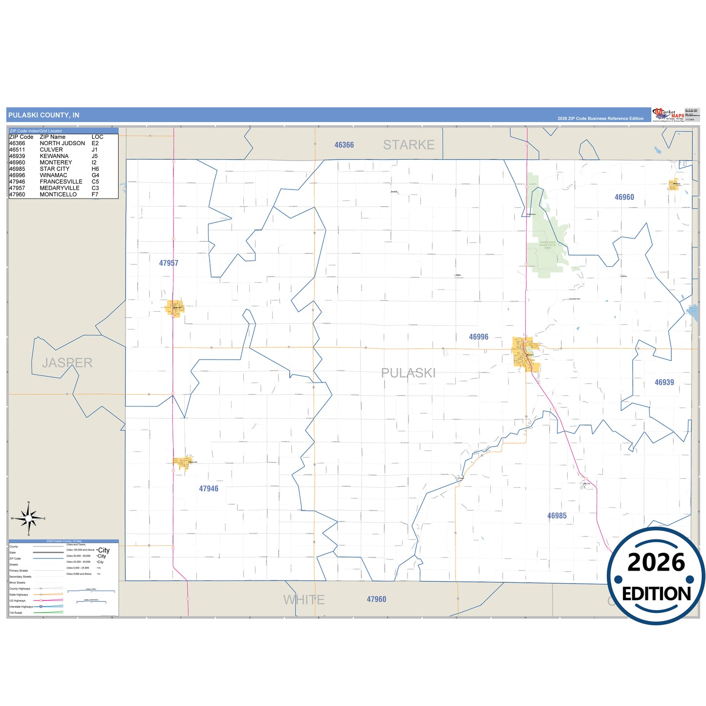 Pulaski County, IN Business Reference 5 Digit ZIP Code Wall Map