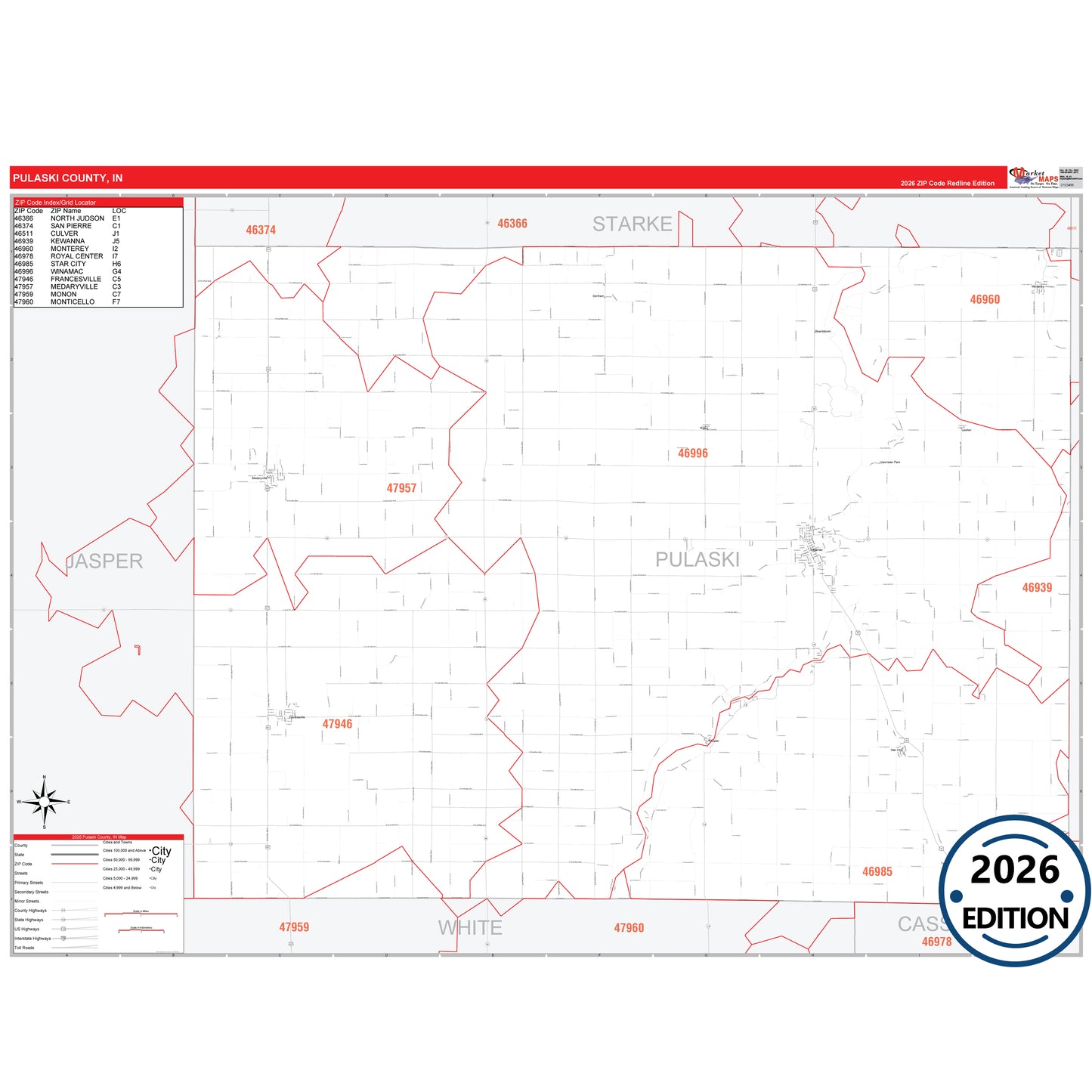Pulaski County, IN Red Line 5 Digit ZIP Code Wall Map