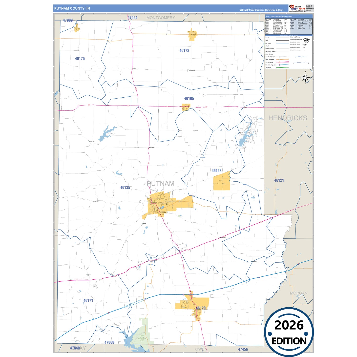 Putnam County, IN Business Reference 5 Digit ZIP Code Wall Map