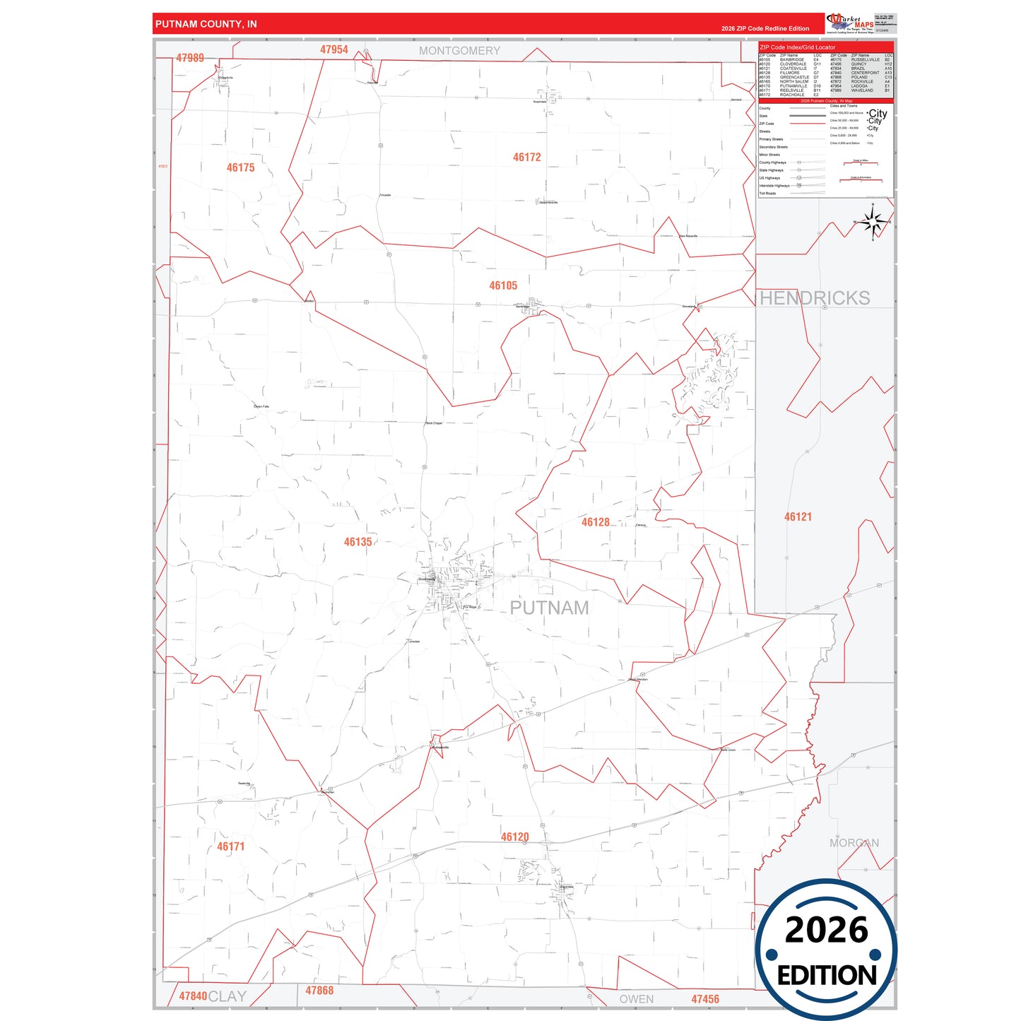Putnam County, IN Red Line 5 Digit ZIP Code Wall Map