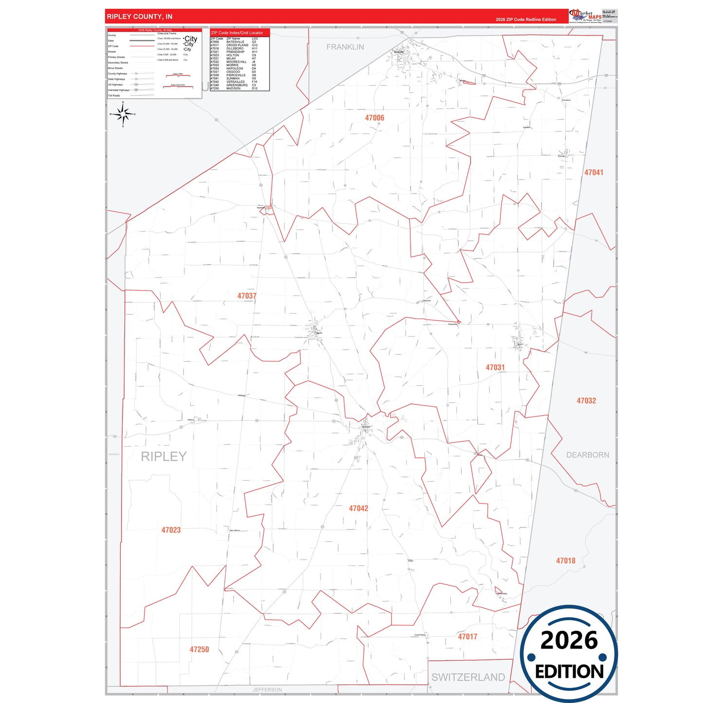 Ripley County, IN Red Line 5 Digit ZIP Code Wall Map