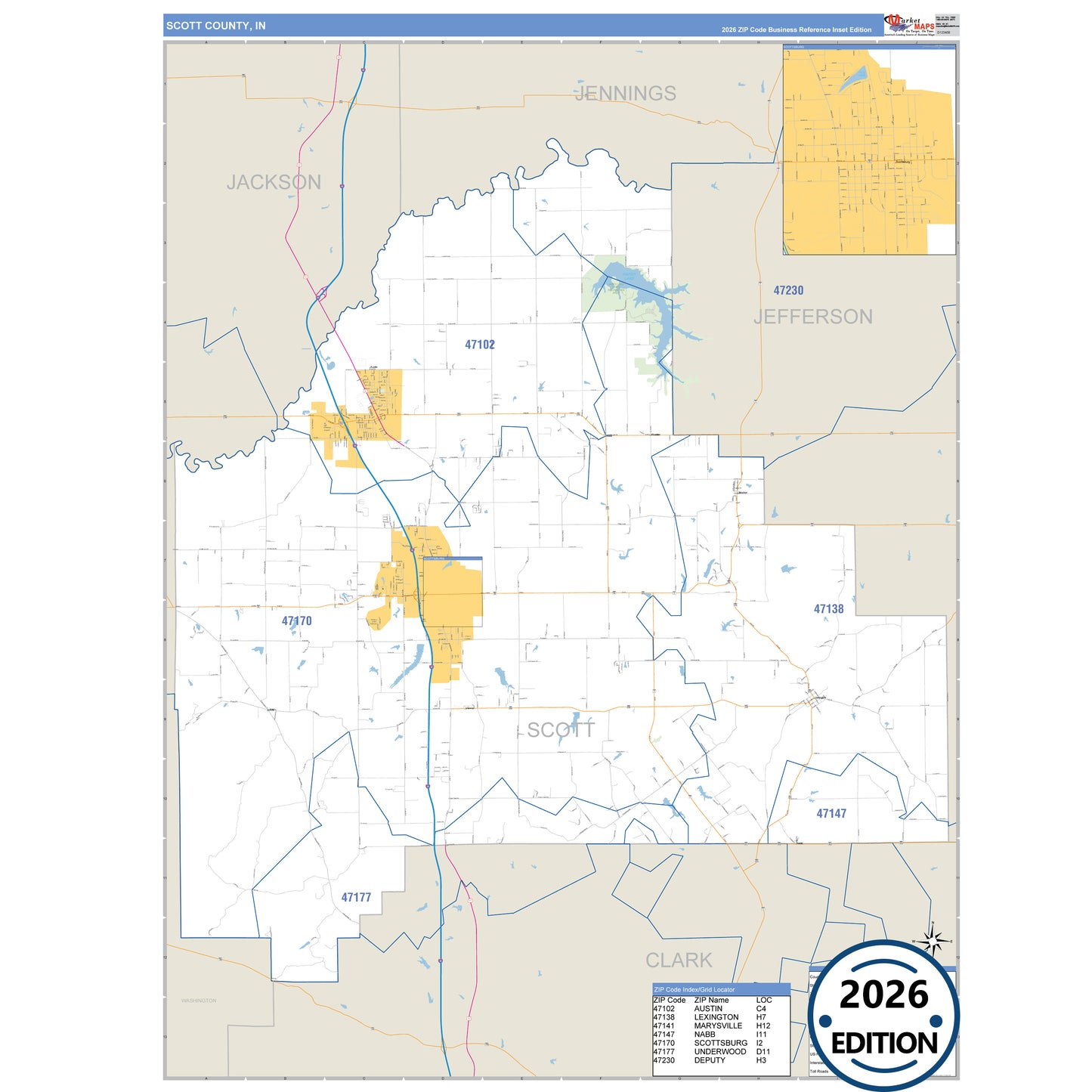 Scott County, IN Business Reference 5 Digit ZIP Code Wall Map