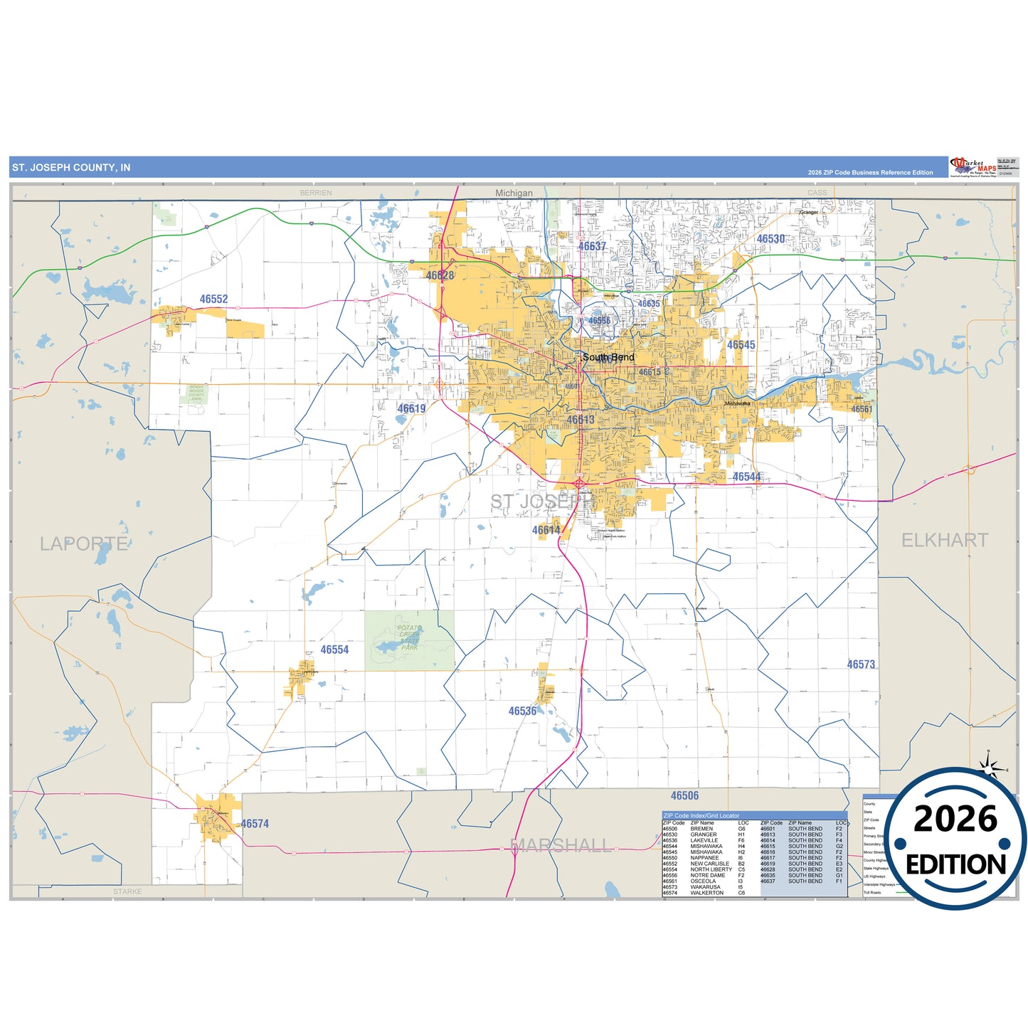 Steuben County, IN Business Reference 5 Digit ZIP Code Wall Map