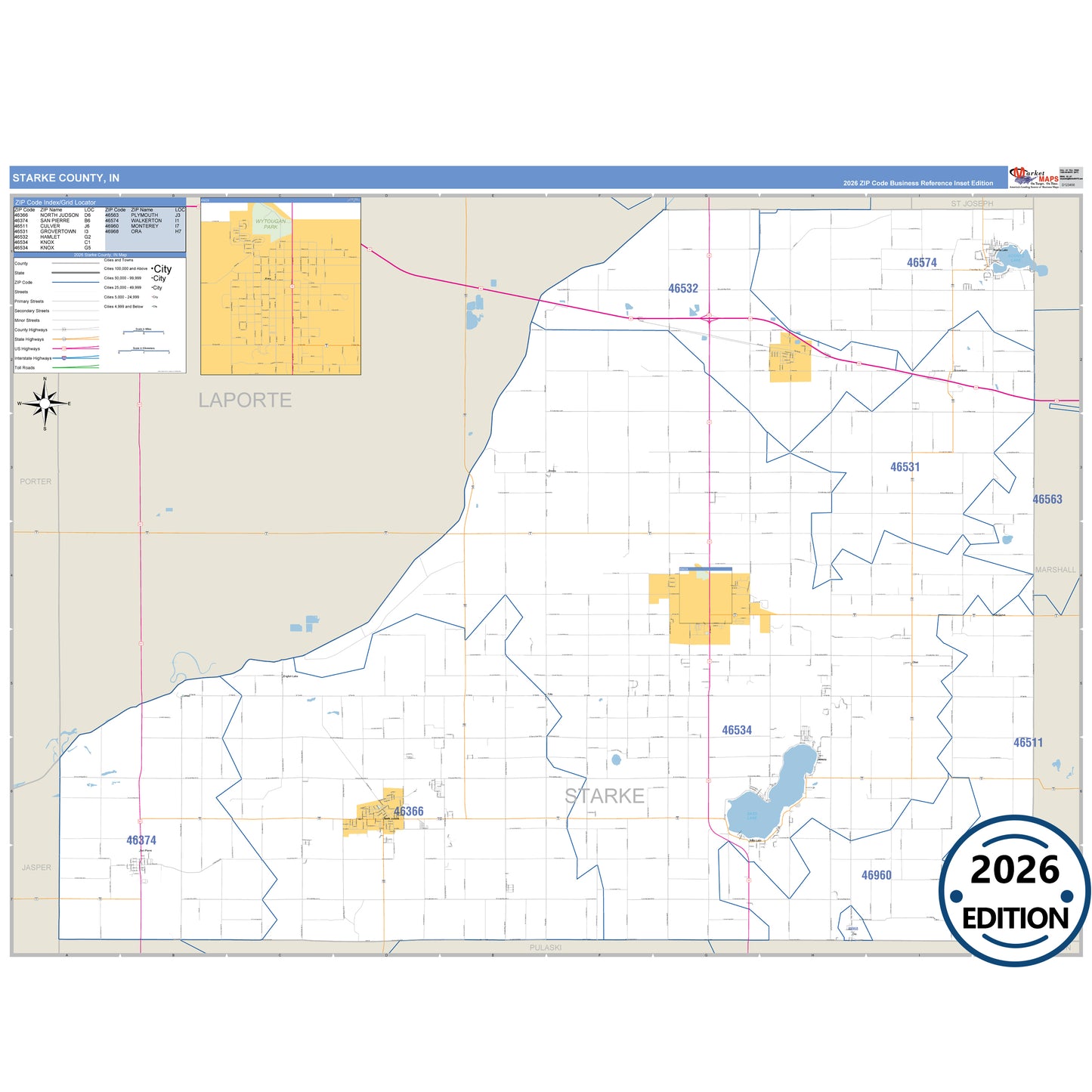 St. Joseph County, IN Business Reference 5 Digit ZIP Code Wall Map