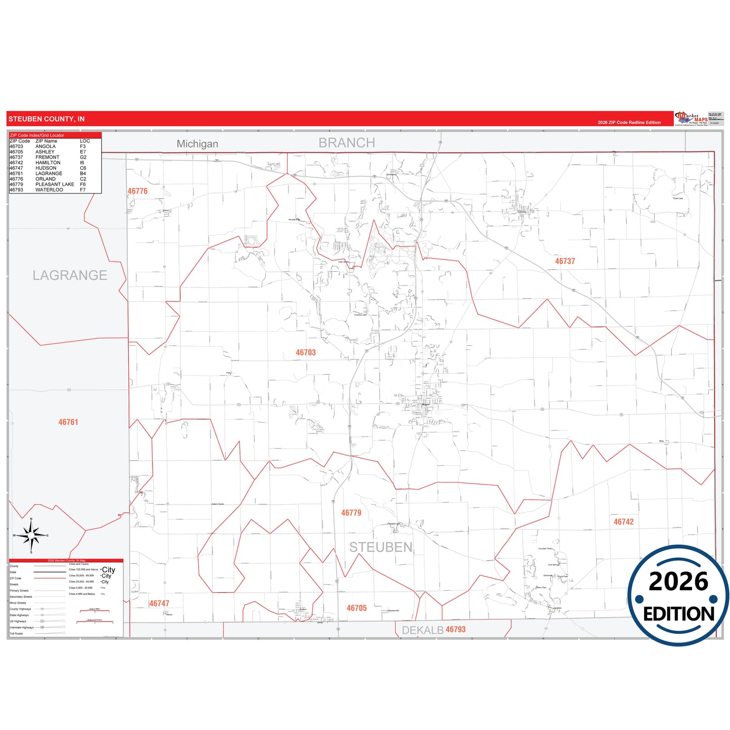Starke County, IN Red Line 5 Digit ZIP Code Wall Map