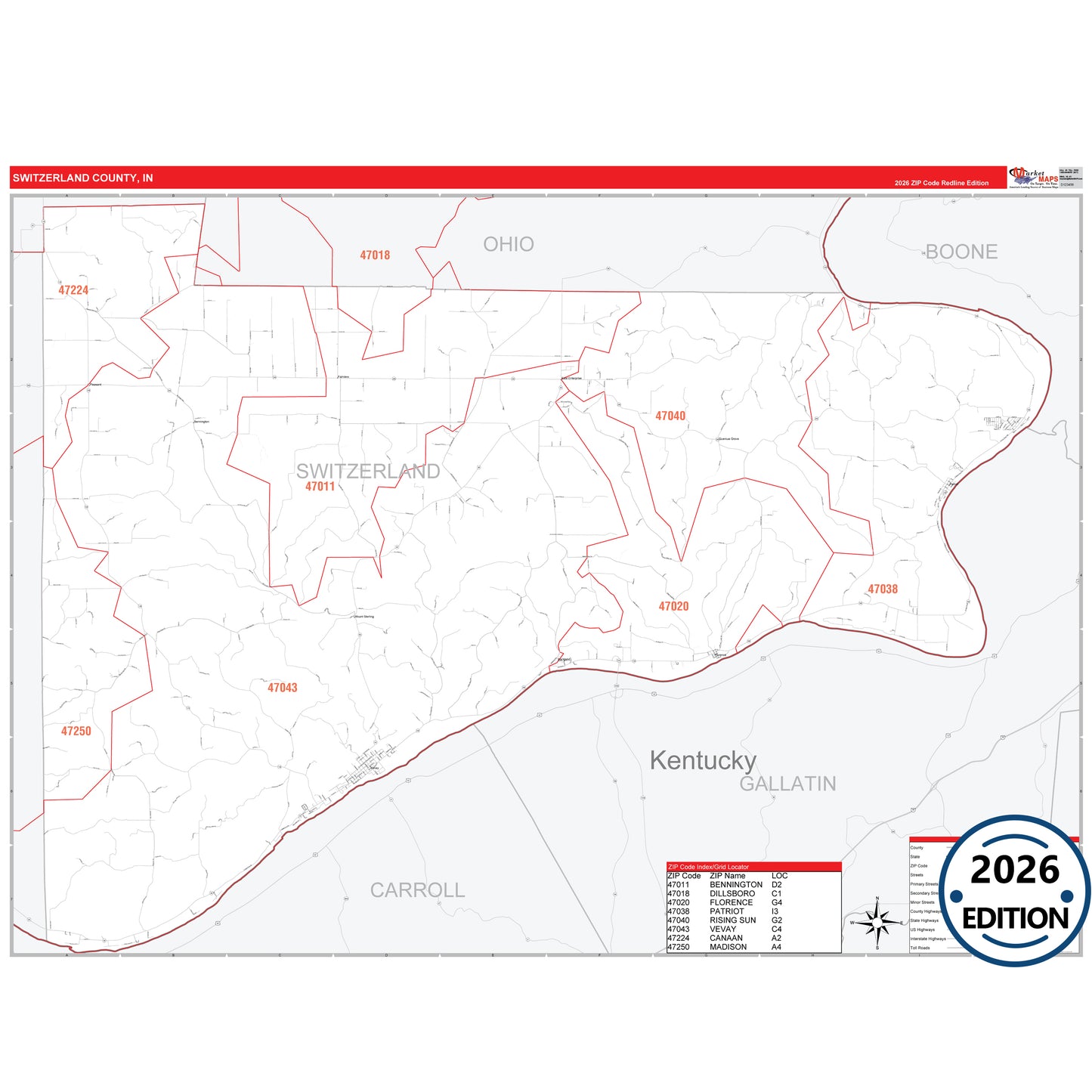 Switzerland County, IN Red Line 5 Digit ZIP Code Wall Map