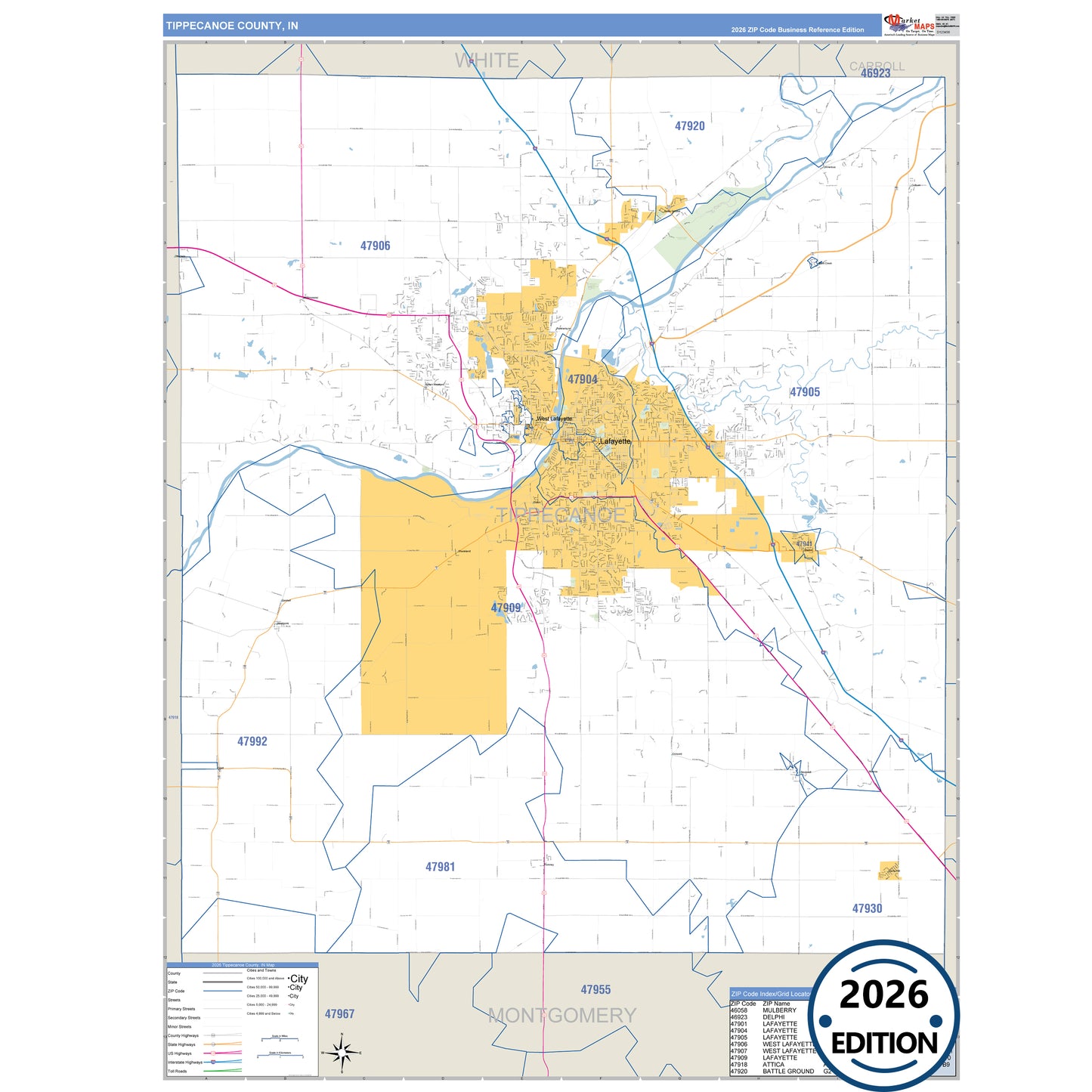 Tippecanoe County, IN Business Reference 5 Digit ZIP Code Wall Map