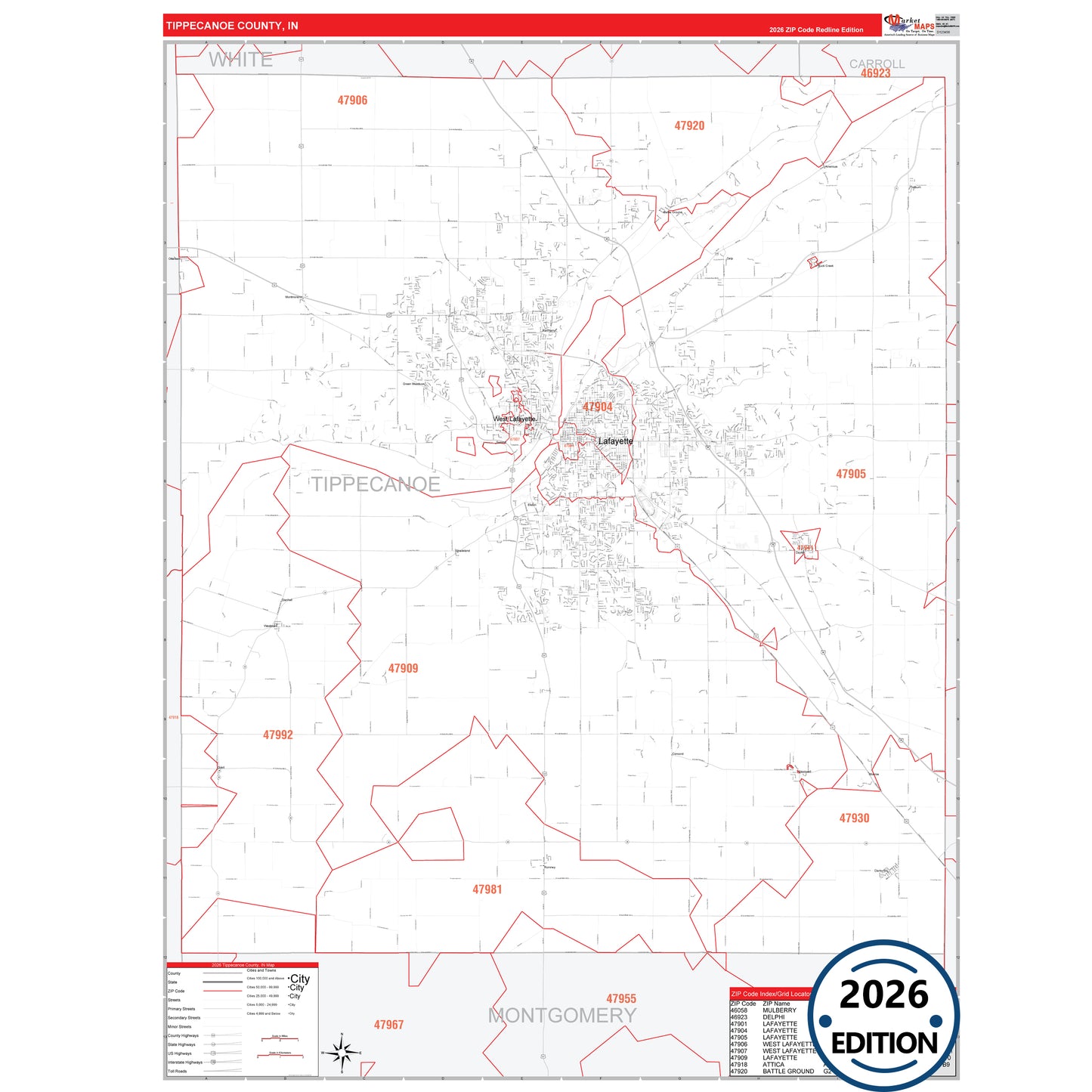Tippecanoe County, IN Red Line 5 Digit ZIP Code Wall Map