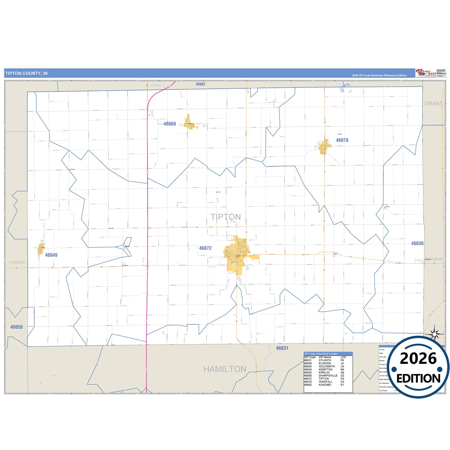 Tipton County, IN Business Reference 5 Digit ZIP Code Wall Map