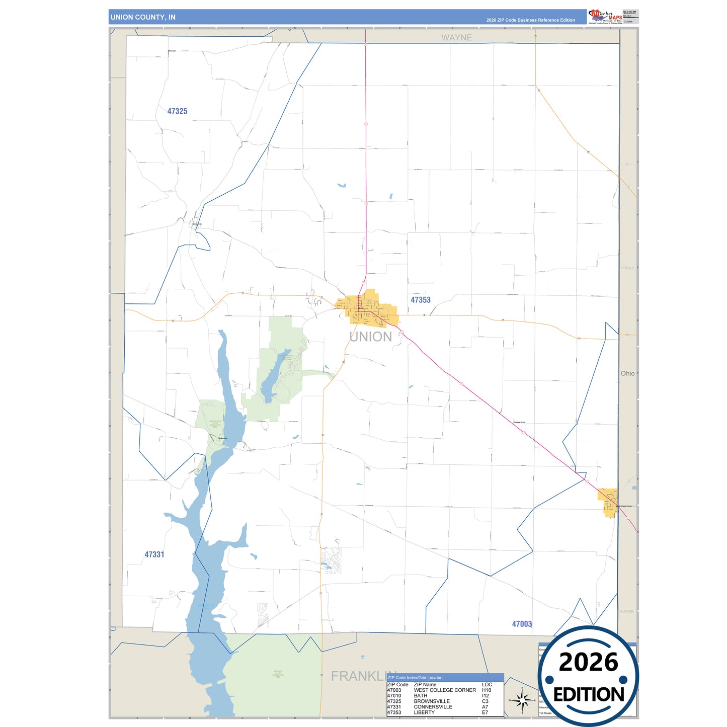 Union County, IN Business Reference 5 Digit ZIP Code Wall Map