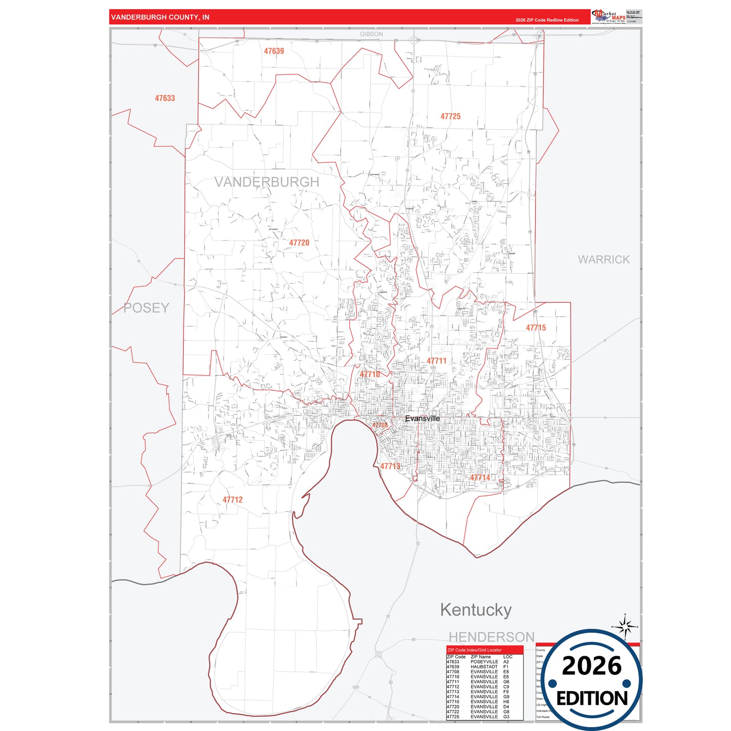 Vanderburgh County, IN Red Line 5 Digit ZIP Code Wall Map